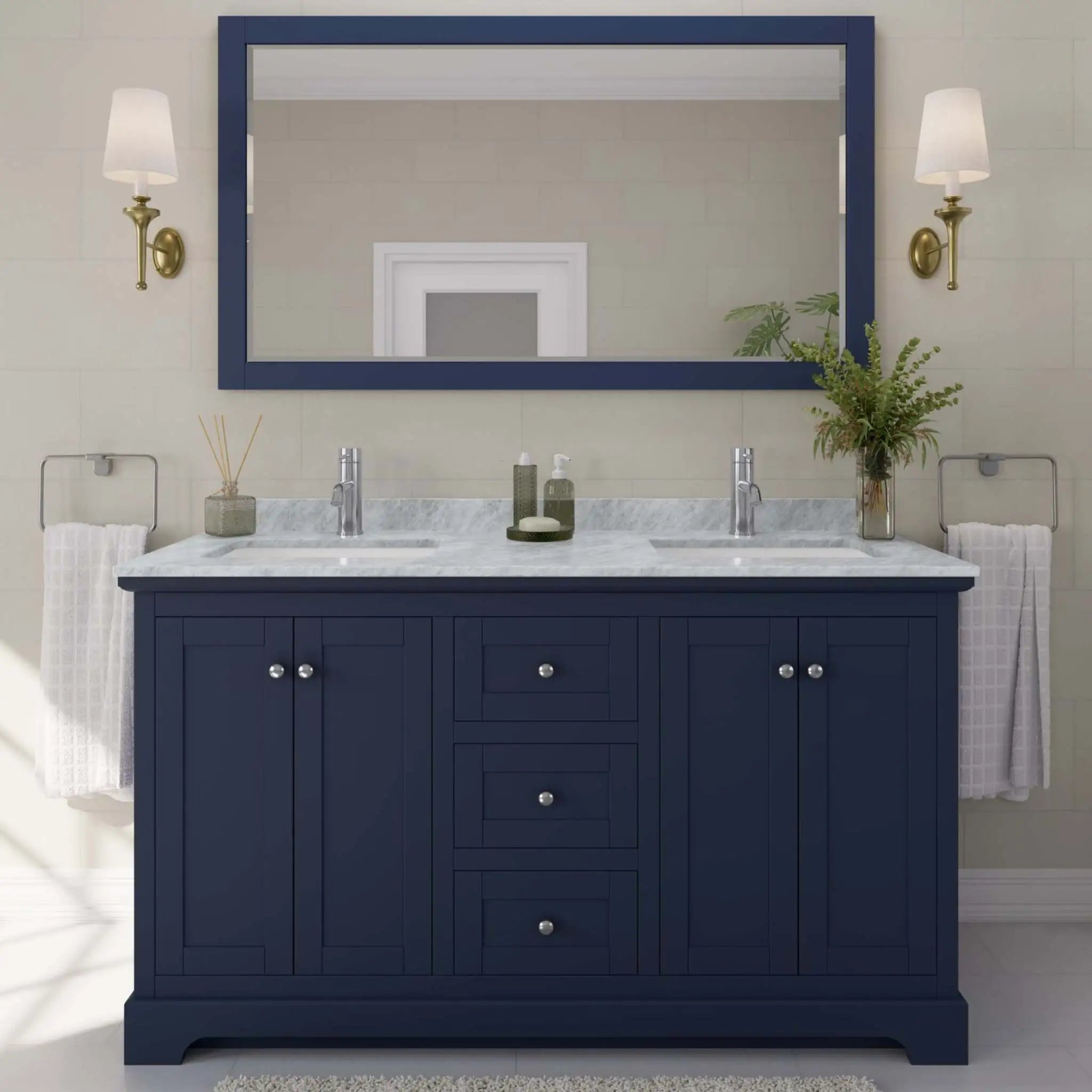 60" Avery Double Bathroom Vanity in Dark Blue with Polished Chrome Trim by Wyndham