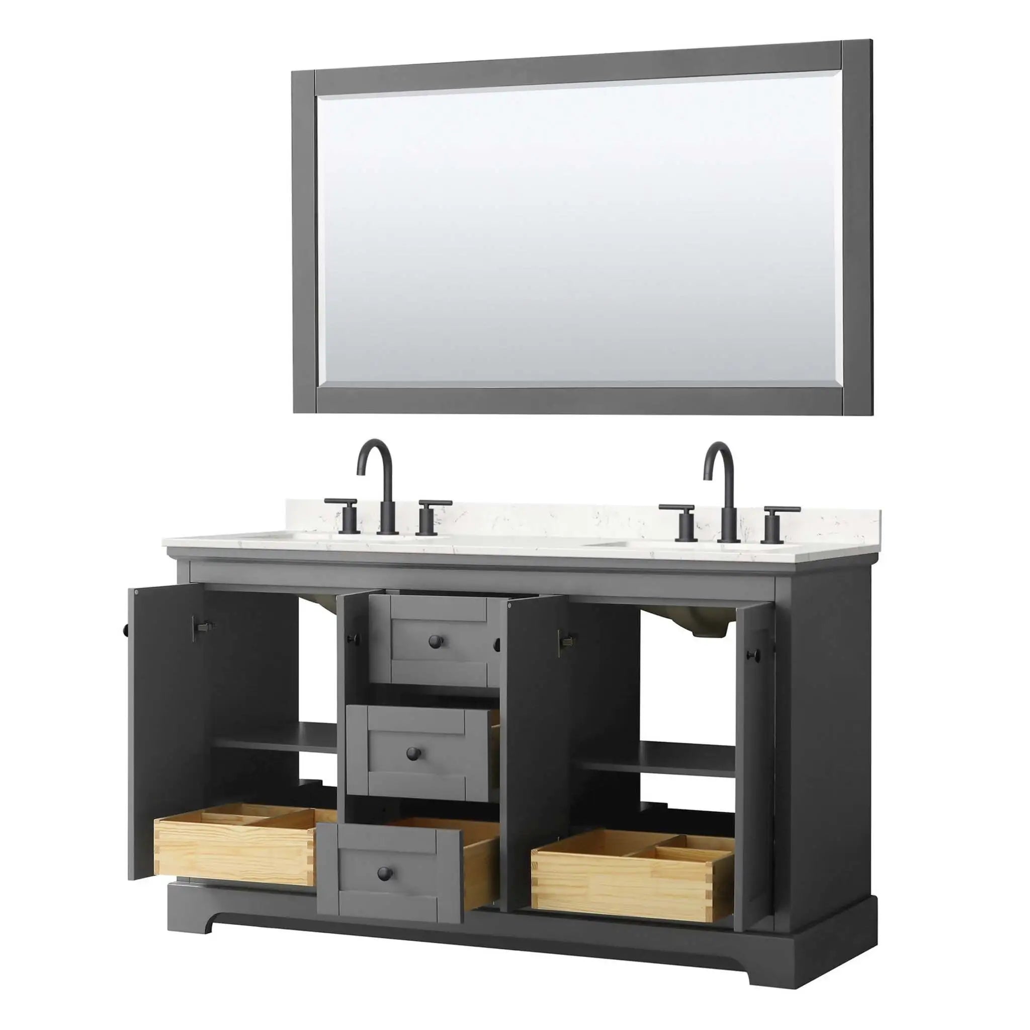 60" Avery Double Bathroom Vanity in Dark Gray with Matte Black Trim & 58" Mirror by Wyndham