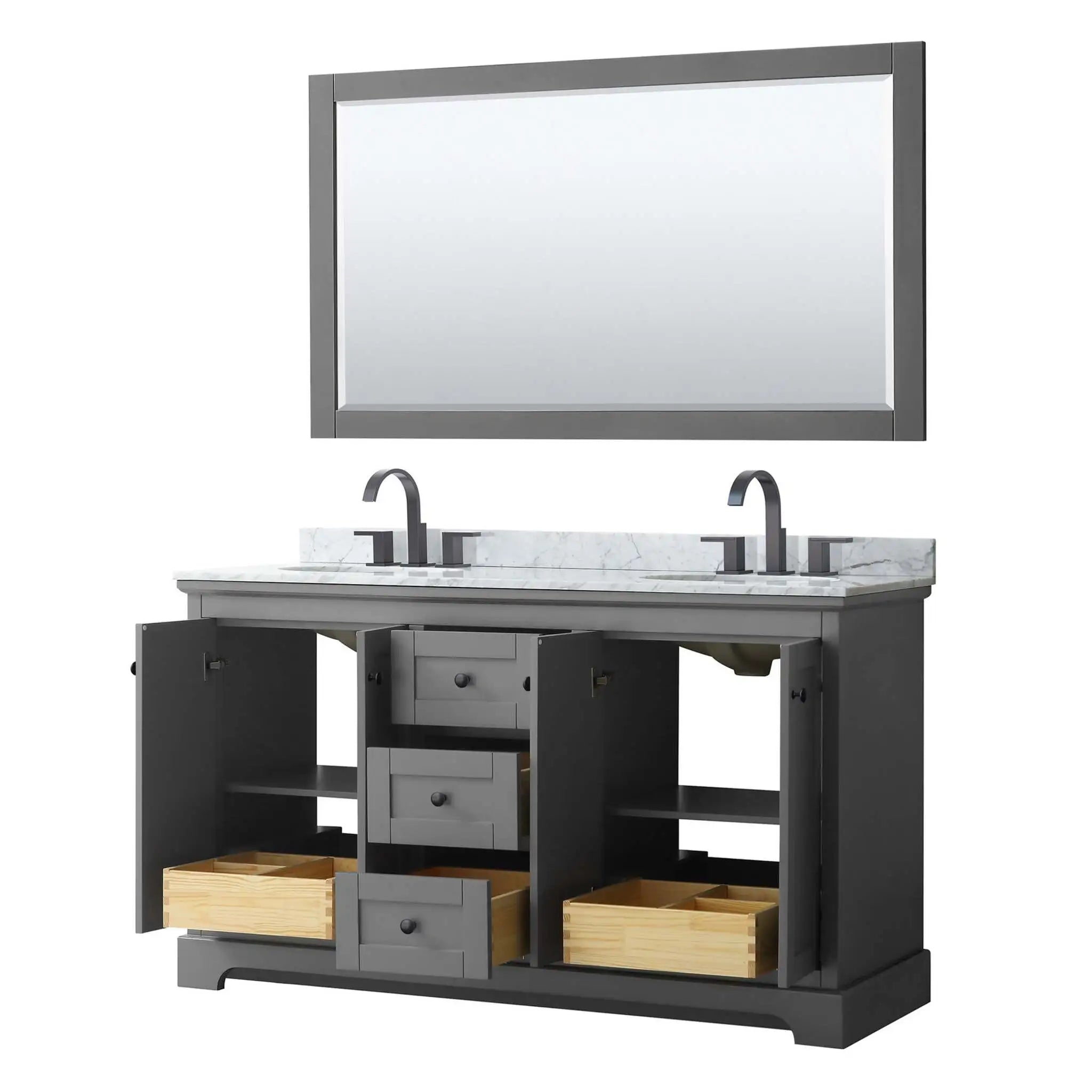 60" Avery Double Bathroom Vanity in Dark Gray with Matte Black Trim & 58" Mirror by Wyndham