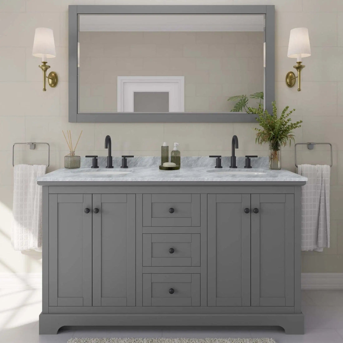 60" Avery Double Bathroom Vanity in Dark Gray with Matte Black Trim & 58" Mirror by Wyndham