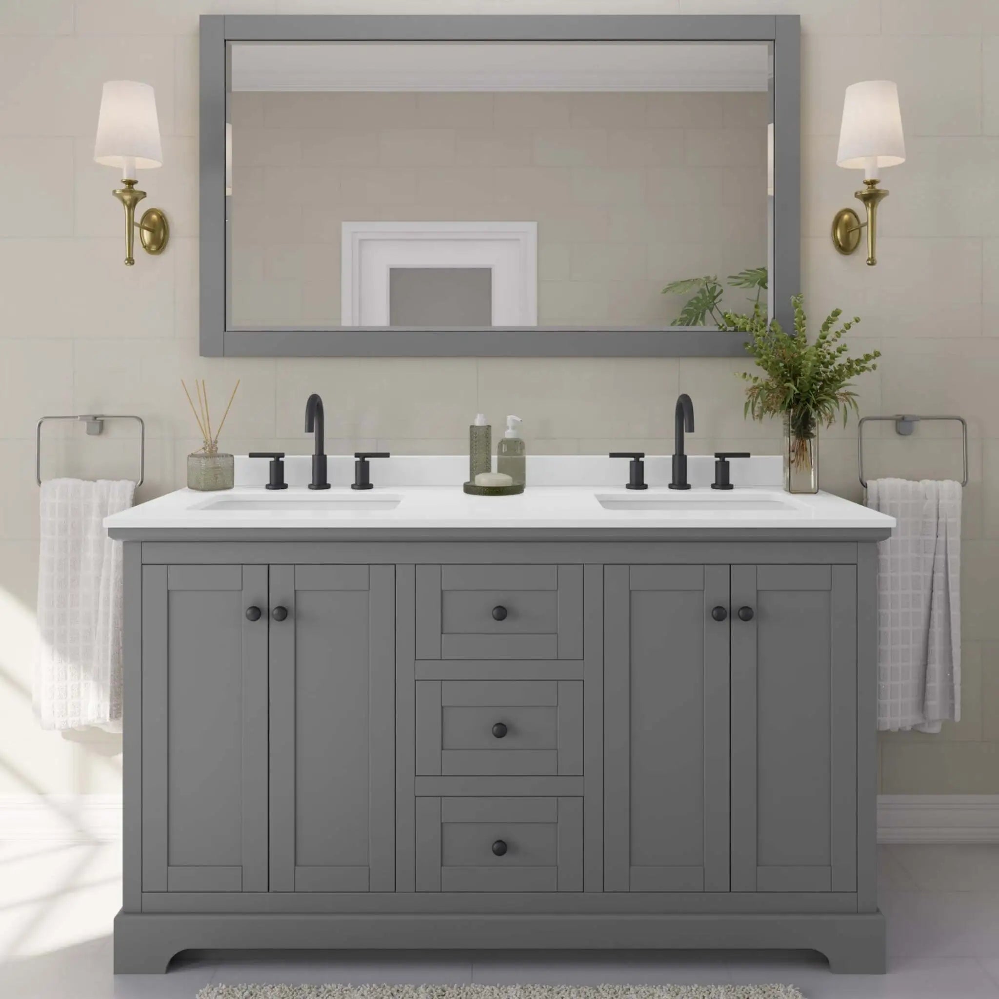 60" Avery Double Bathroom Vanity in Dark Gray with Matte Black Trim & 58" Mirror by Wyndham
