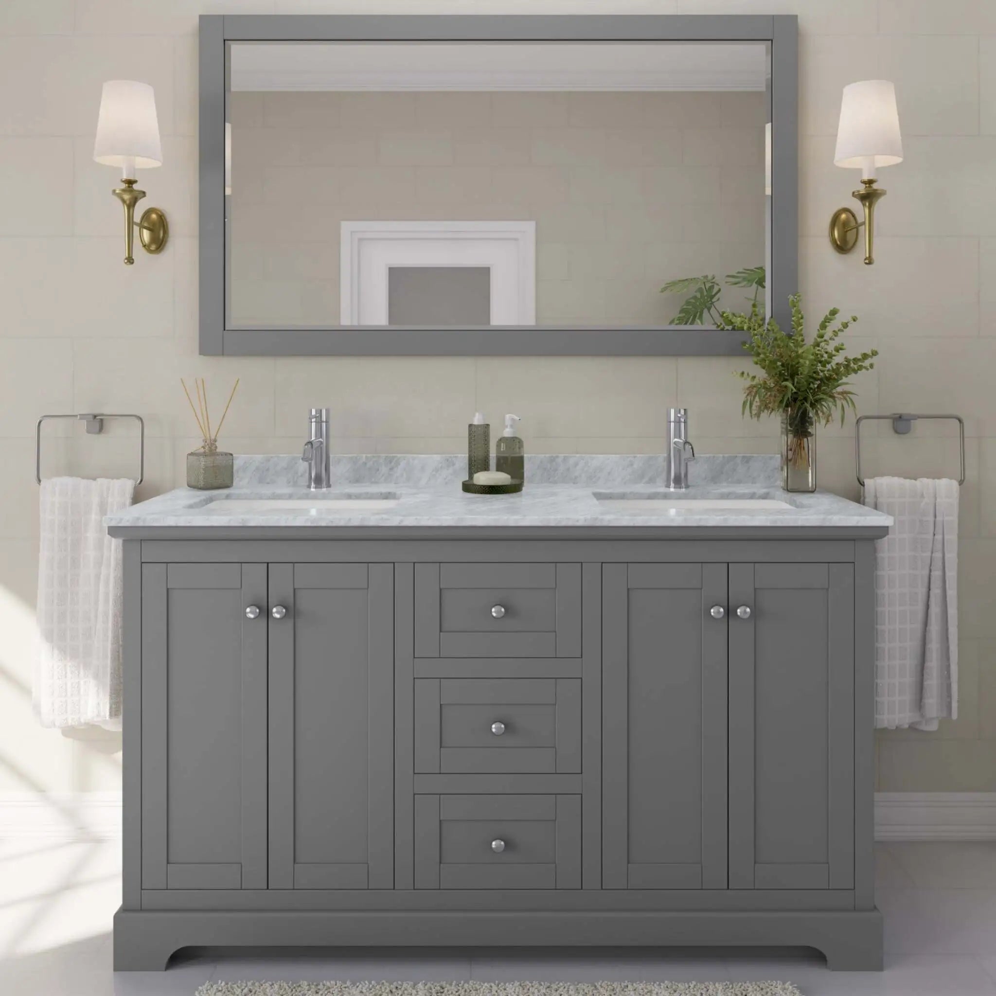 60" Avery Double Bathroom Vanity in Dark Gray with Polished Chrome Trim & 58" Mirror by Wyndham