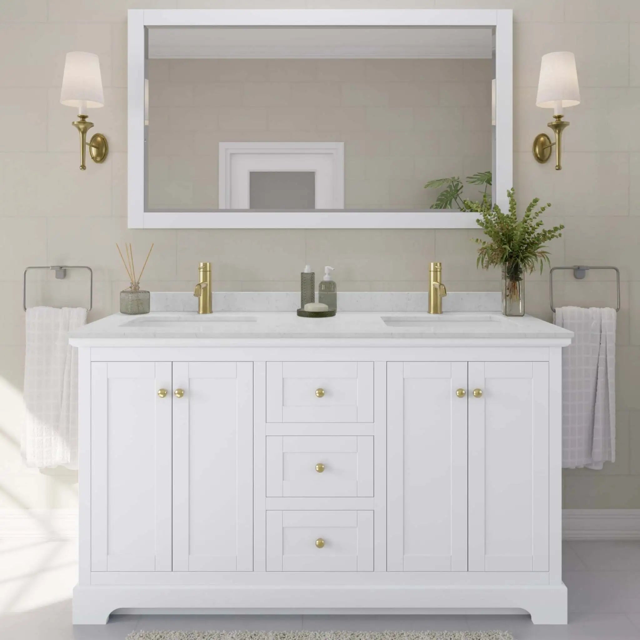 60" Avery Double Bathroom Vanity in White with Brushed Gold Trim & 58" Mirror by Wyndham