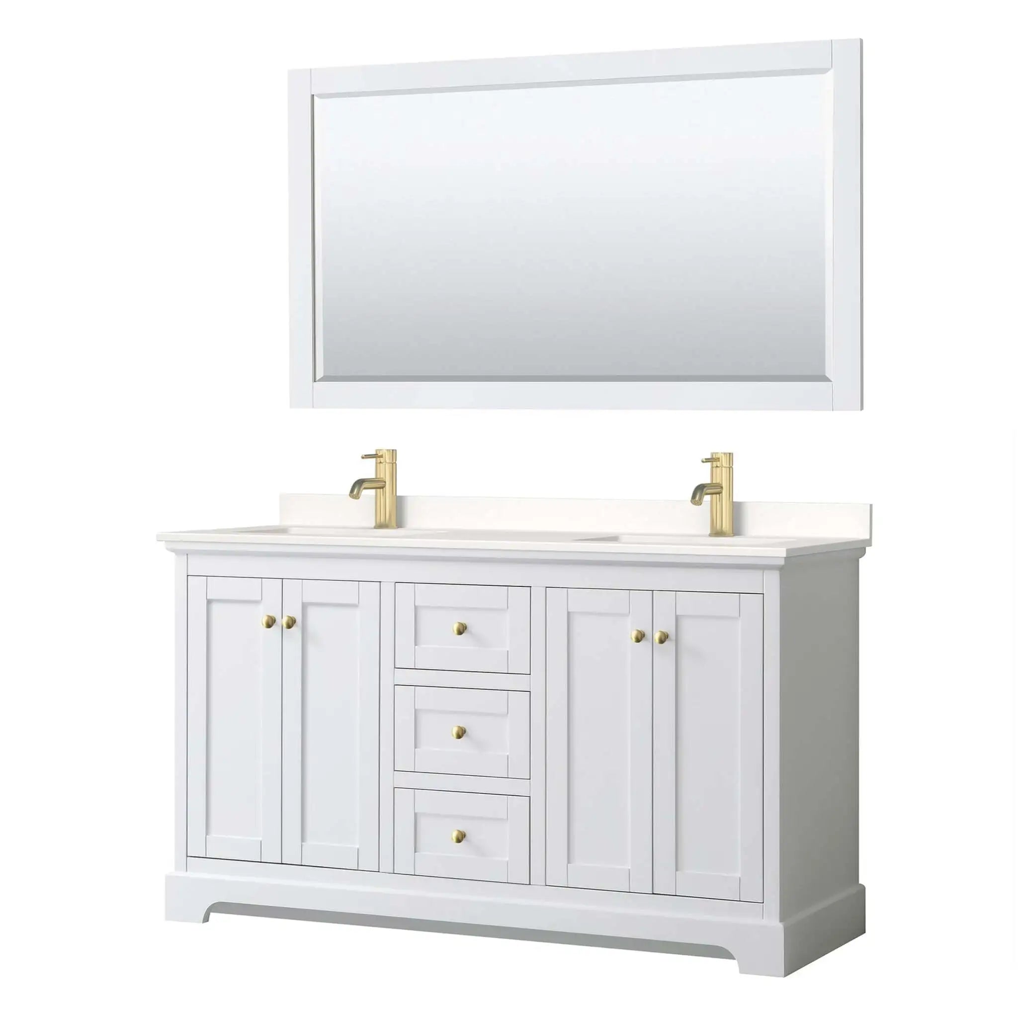 60" Avery Double Bathroom Vanity in White with Brushed Gold Trim & 58" Mirror by Wyndham