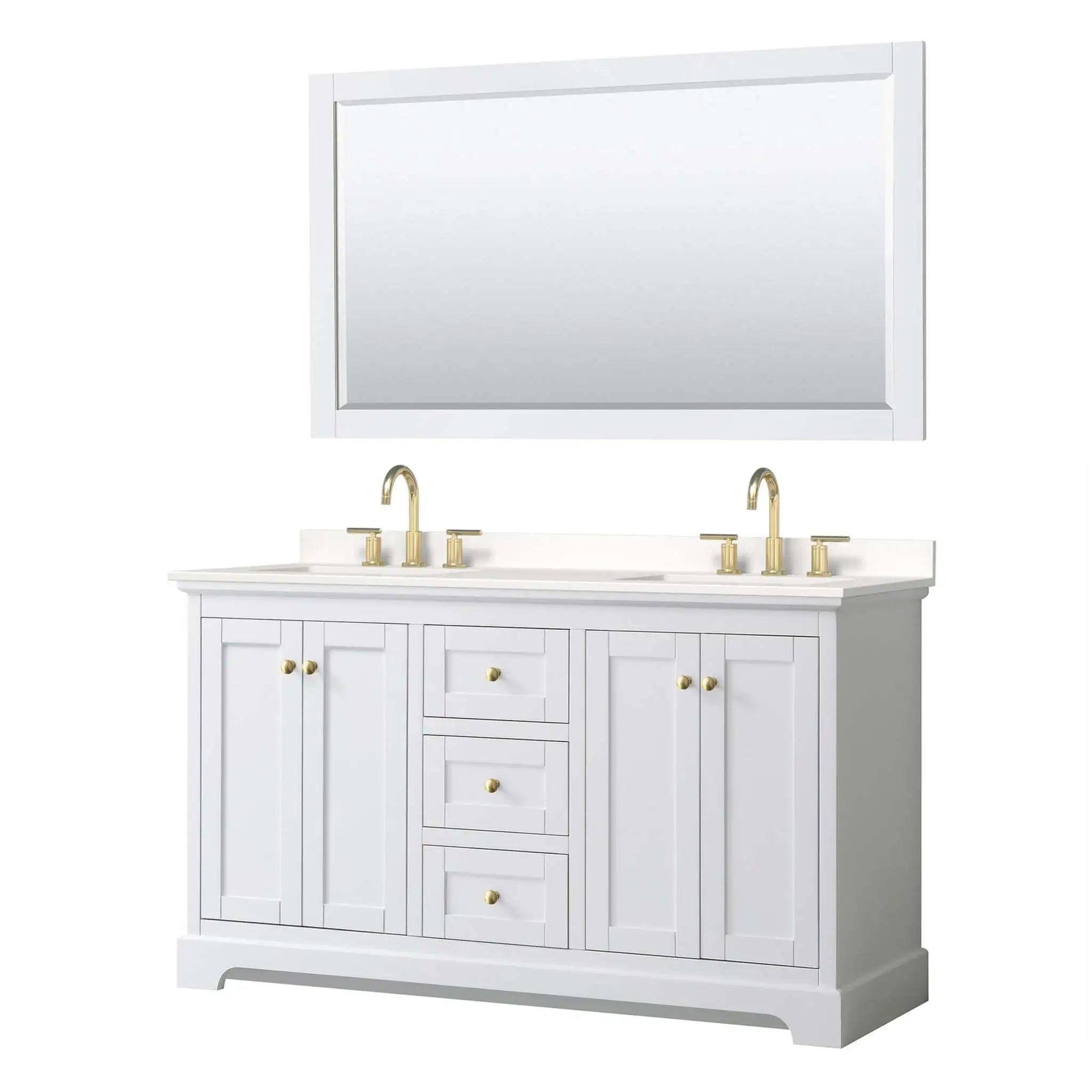 60" Avery Double Bathroom Vanity in White with Brushed Gold Trim & 58" Mirror by Wyndham