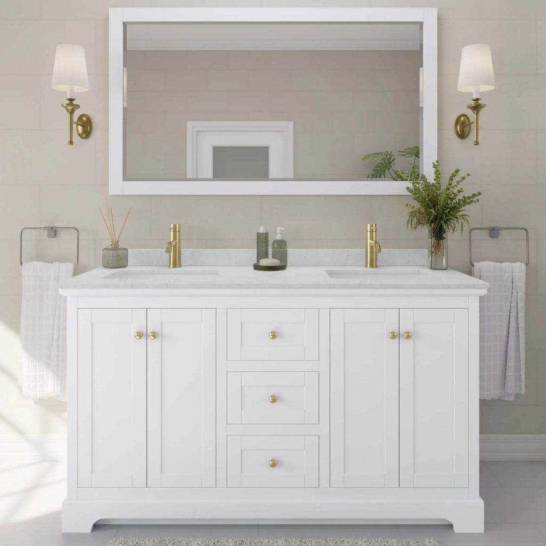 60" Avery Double Bathroom Vanity in White with Brushed Gold Trim by Wyndham