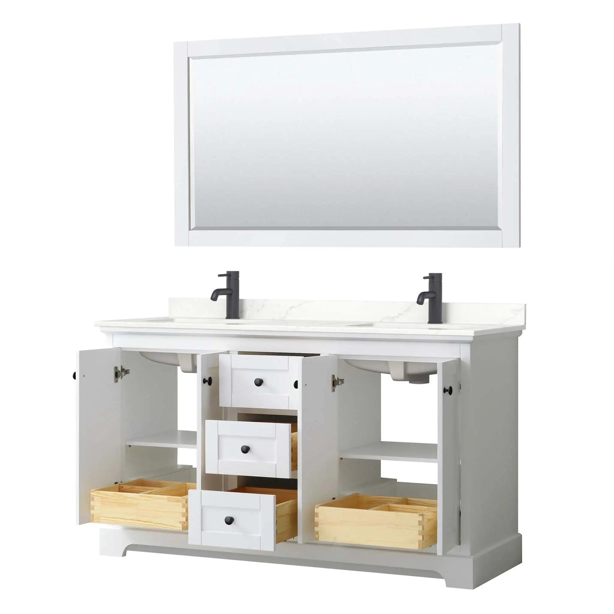 60" Avery Double Bathroom Vanity in White with Matte Black Trim & 58" Mirror by Wyndham