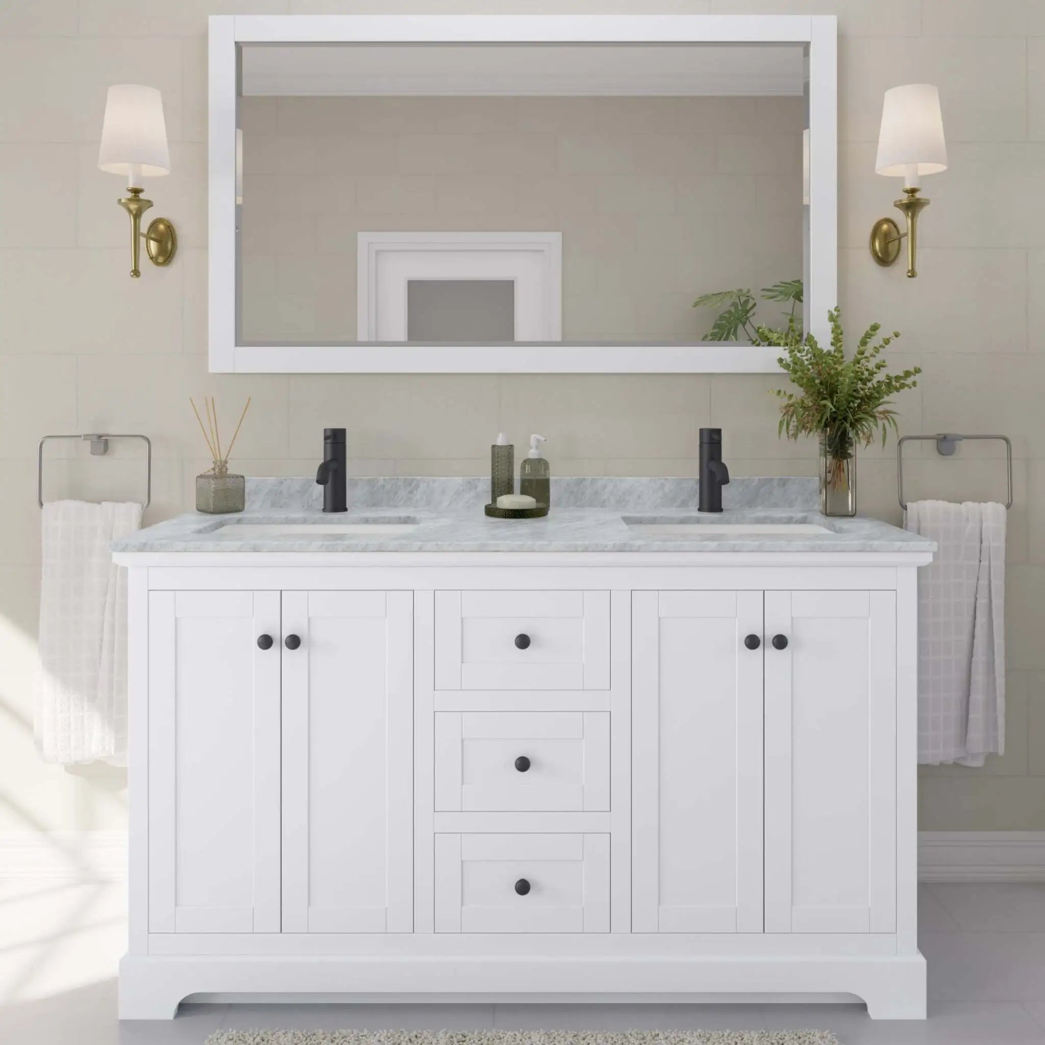 60" Avery Double Bathroom Vanity in White with Matte Black Trim & 58" Mirror by Wyndham