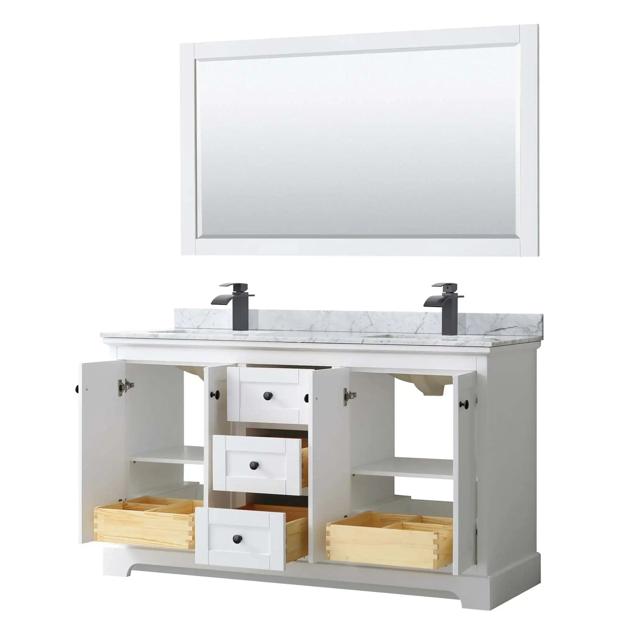 60" Avery Double Bathroom Vanity in White with Matte Black Trim & 58" Mirror by Wyndham