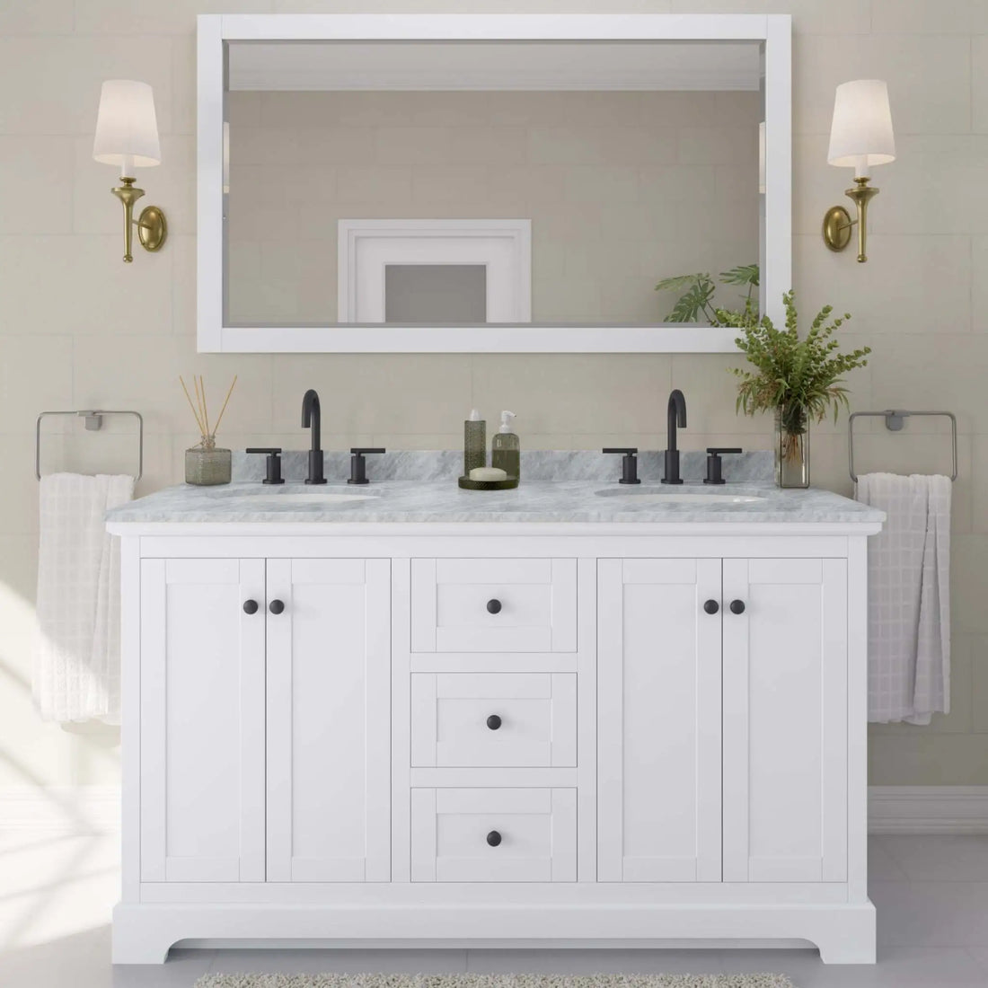 60" Avery Double Bathroom Vanity in White with Matte Black Trim & 58" Mirror by Wyndham