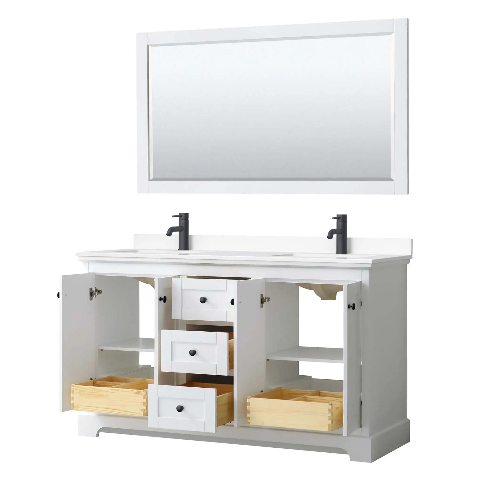 60" Avery Double Bathroom Vanity in White with Matte Black Trim & 58" Mirror by Wyndham