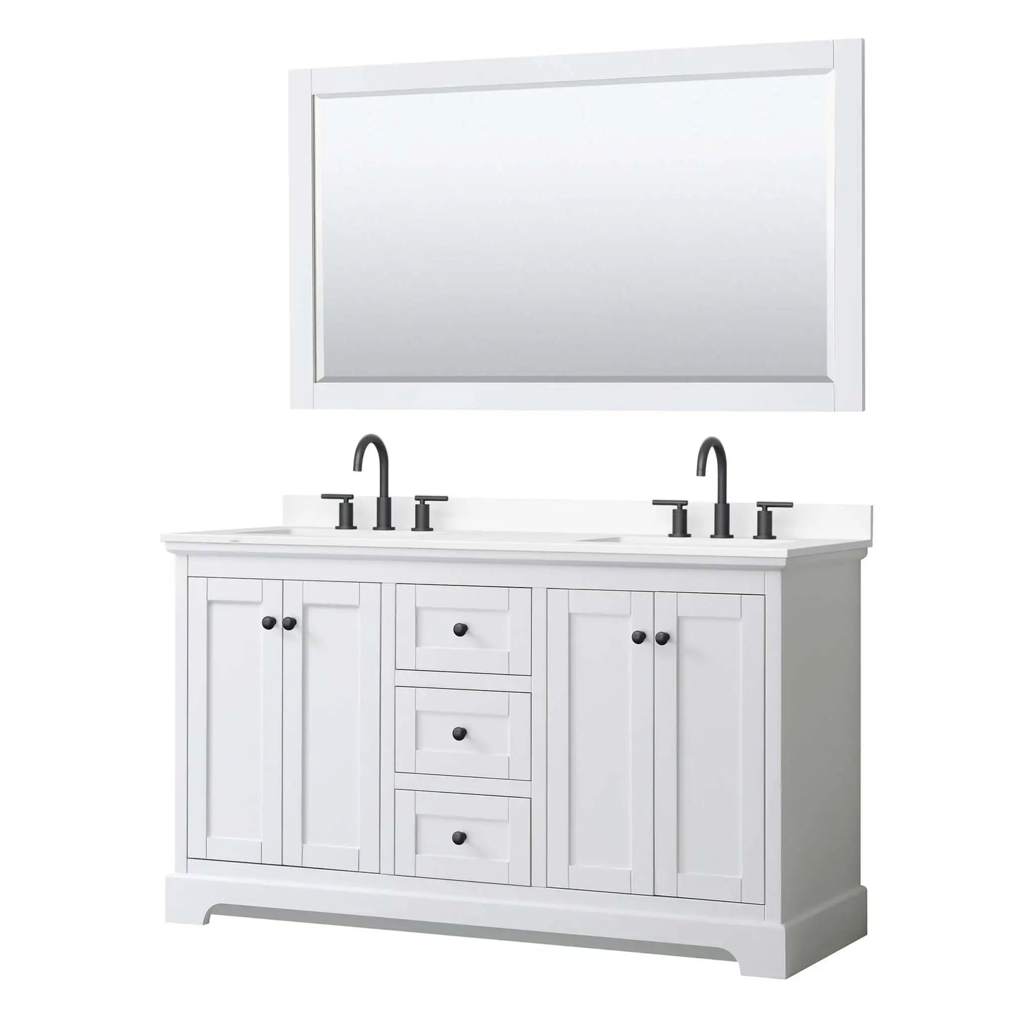 60" Avery Double Bathroom Vanity in White with Matte Black Trim & 58" Mirror by Wyndham