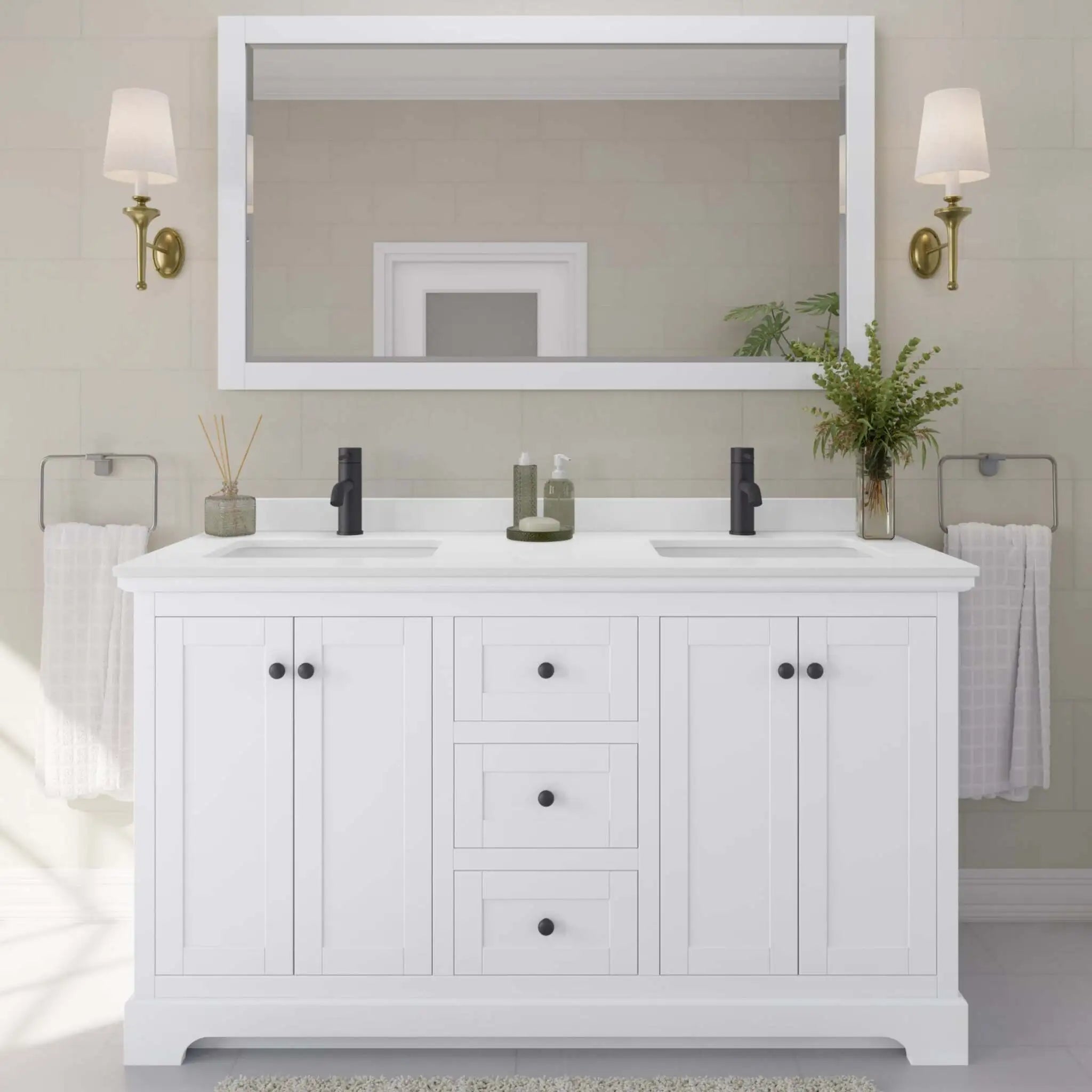 60" Avery Double Bathroom Vanity in White with Matte Black Trim & 58" Mirror by Wyndham