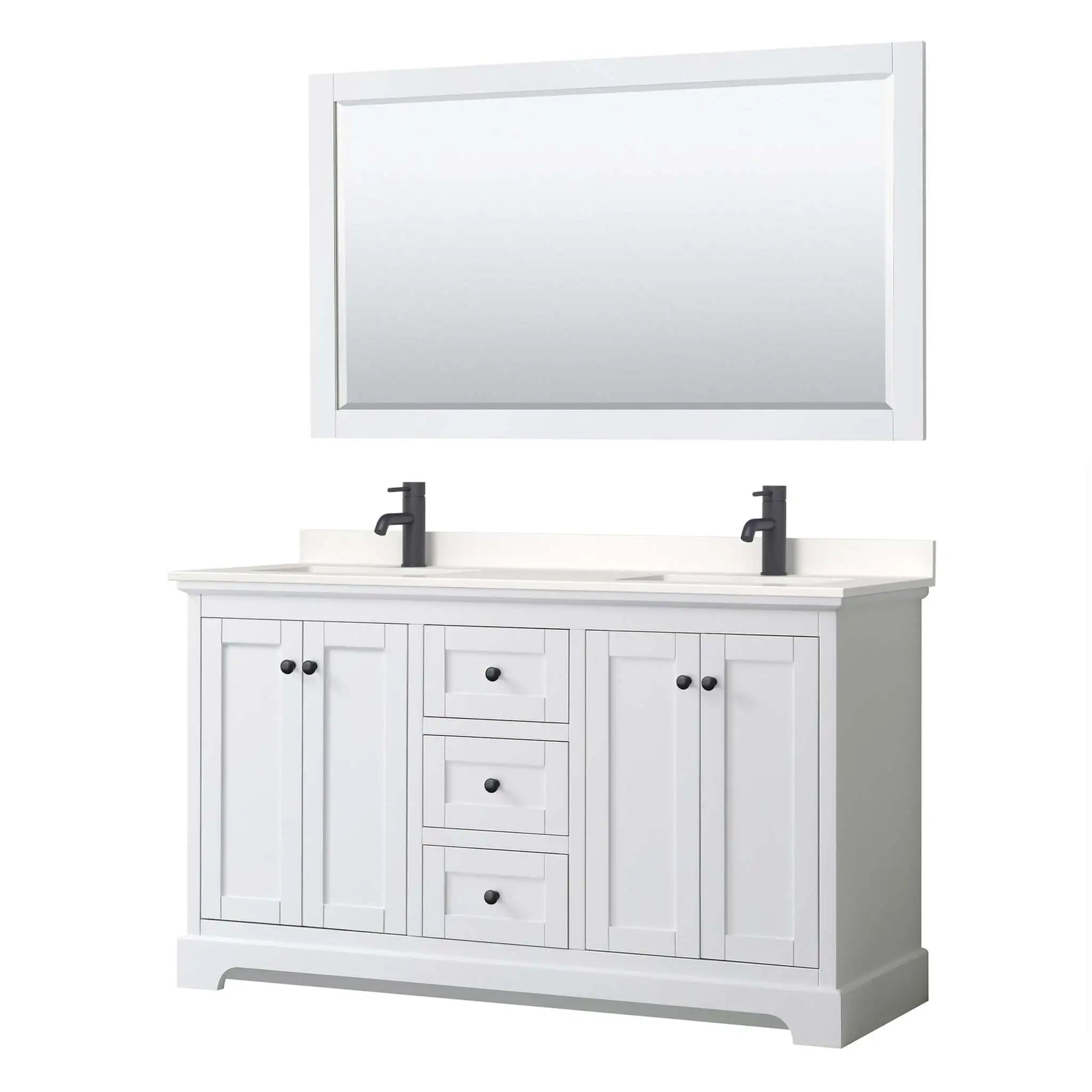60" Avery Double Bathroom Vanity in White with Matte Black Trim & 58" Mirror by Wyndham