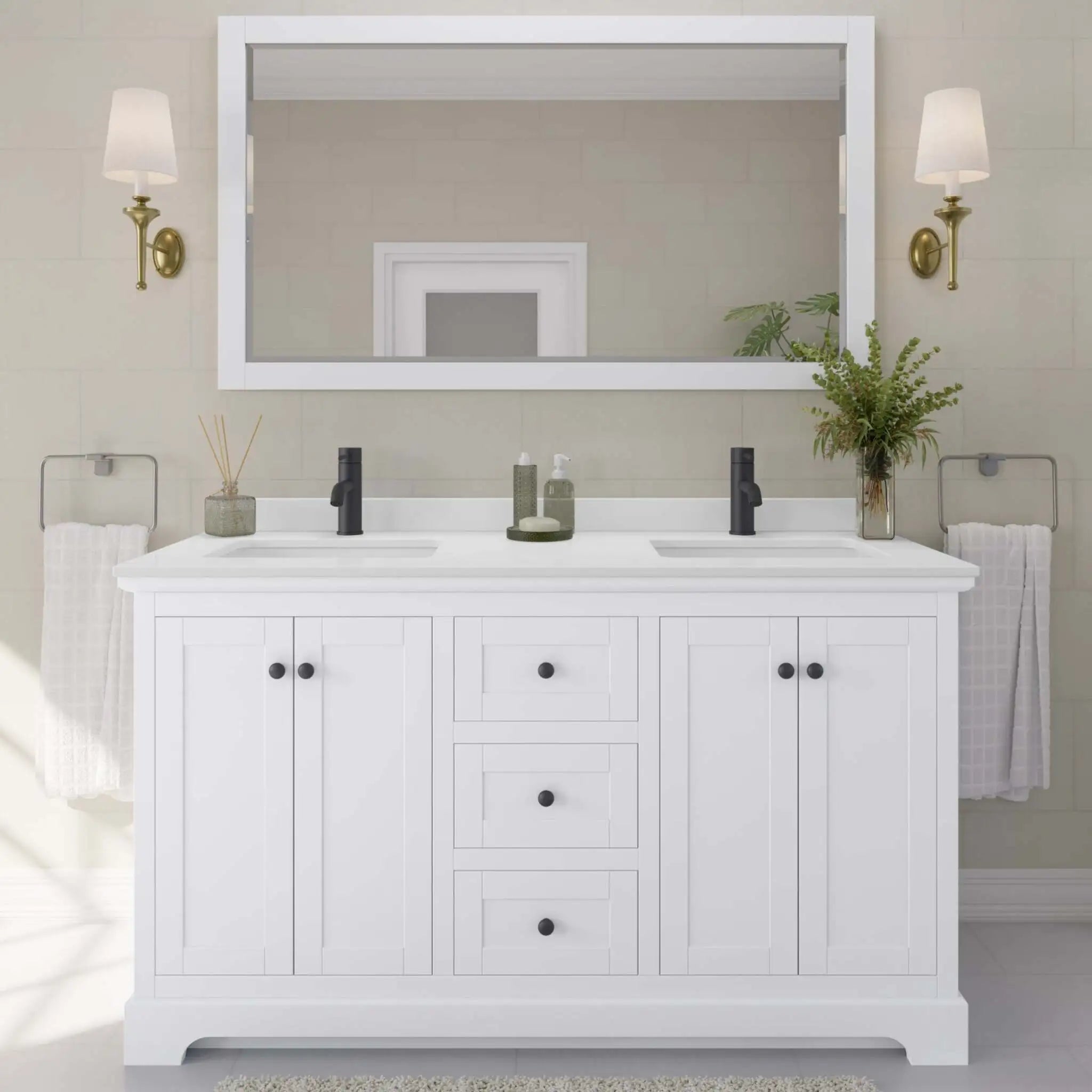 60" Avery Double Bathroom Vanity in White with Matte Black Trim by Wyndham