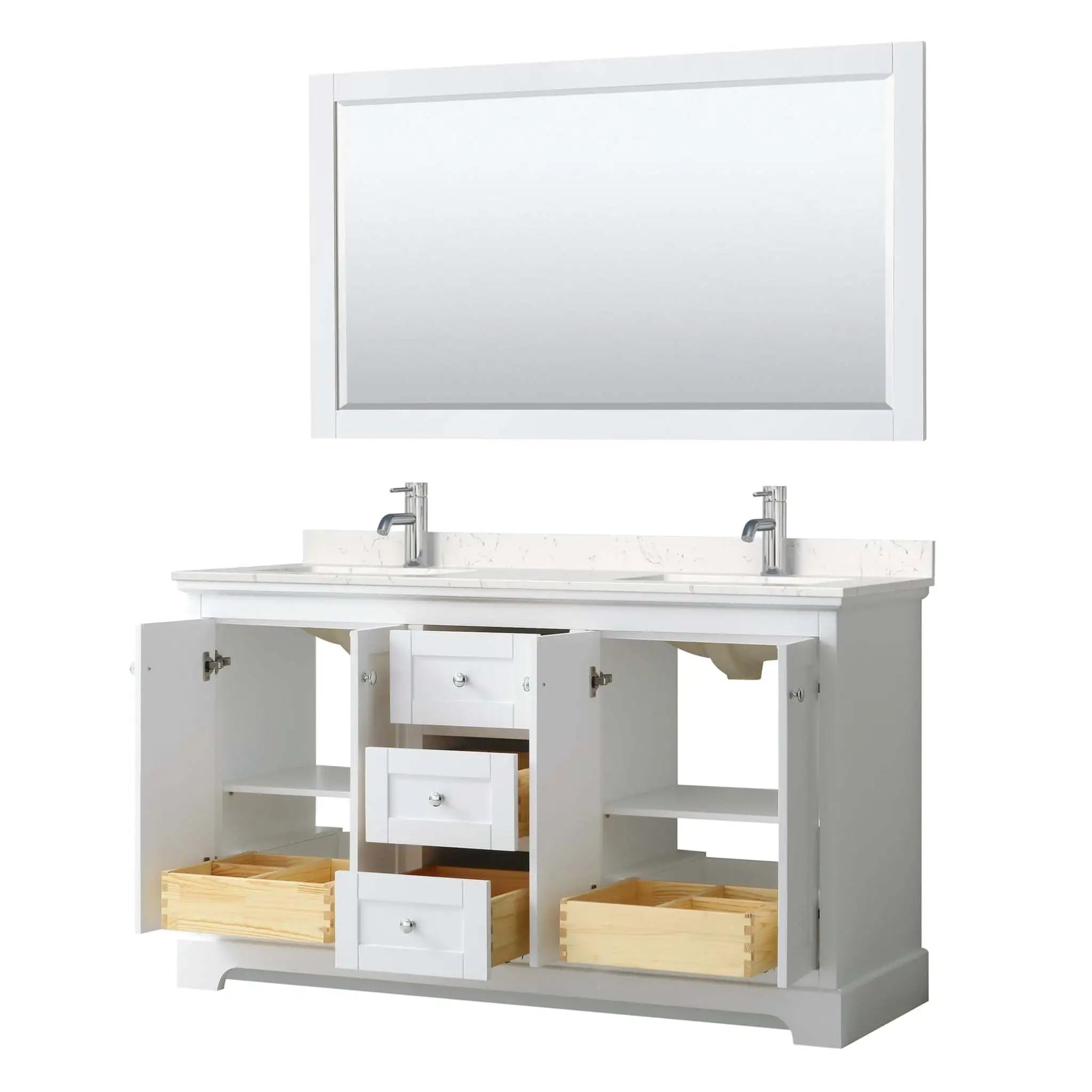 60" Avery Double Bathroom Vanity in White with Polished Chrome Trim & 58" Mirror by Wyndham