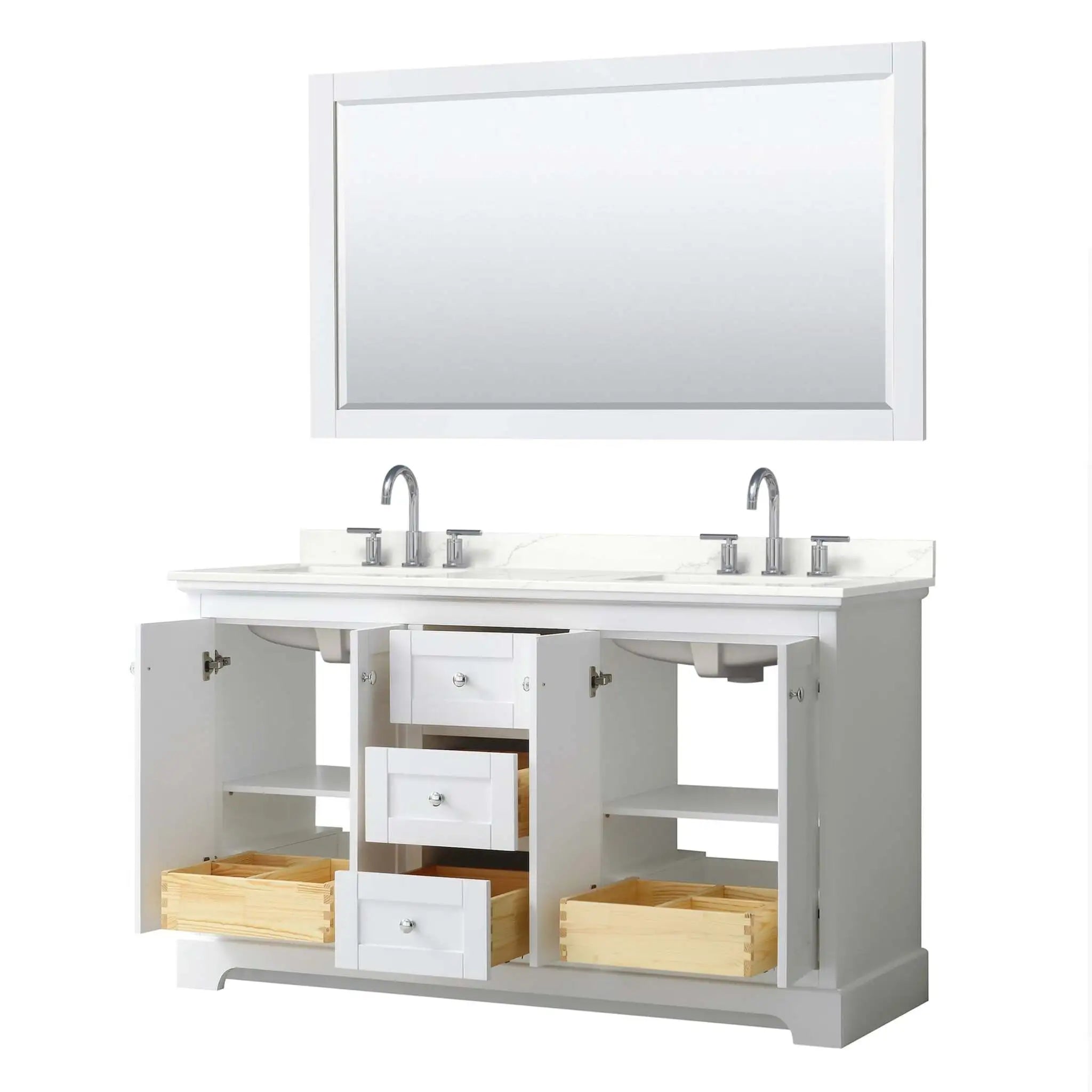 60" Avery Double Bathroom Vanity in White with Polished Chrome Trim & 58" Mirror by Wyndham