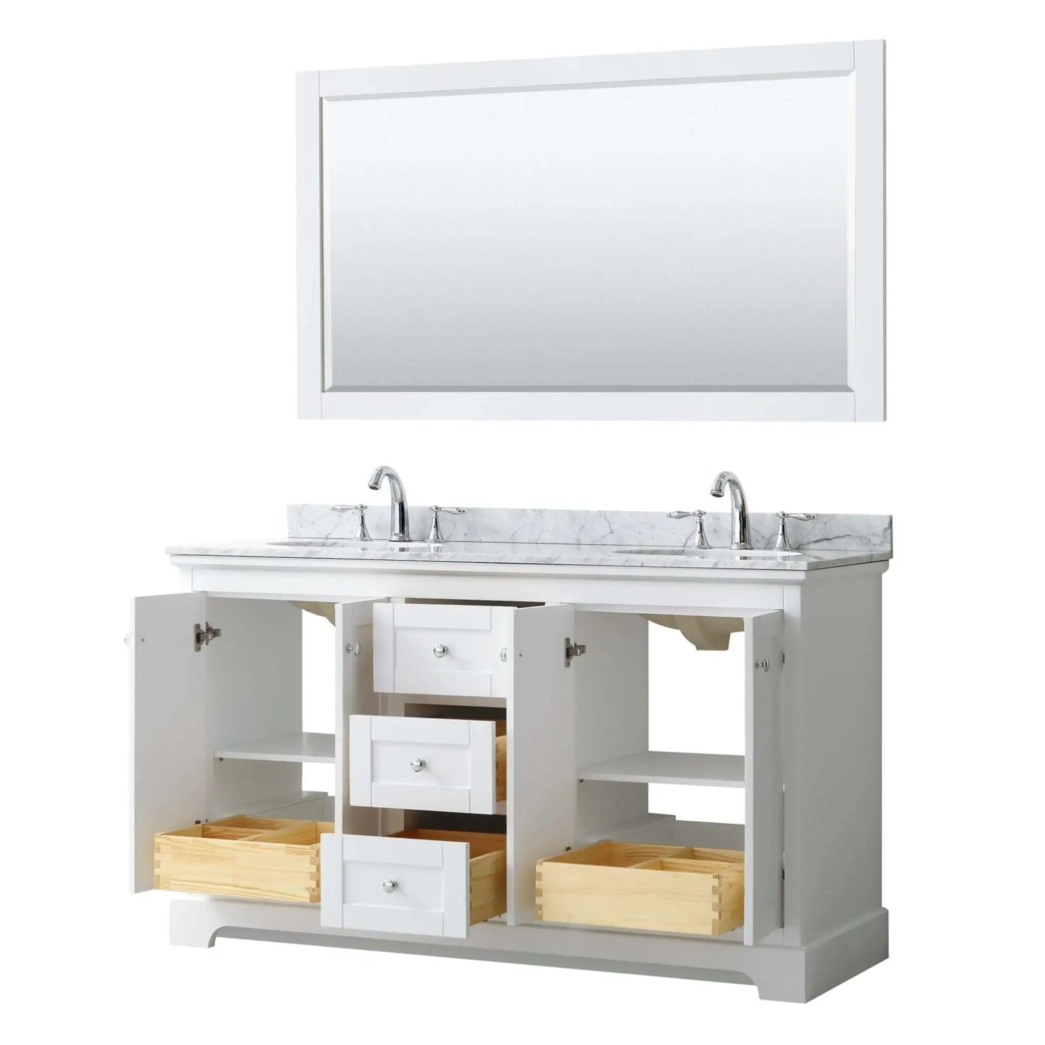 60" Avery Double Bathroom Vanity in White with Polished Chrome Trim & 58" Mirror by Wyndham