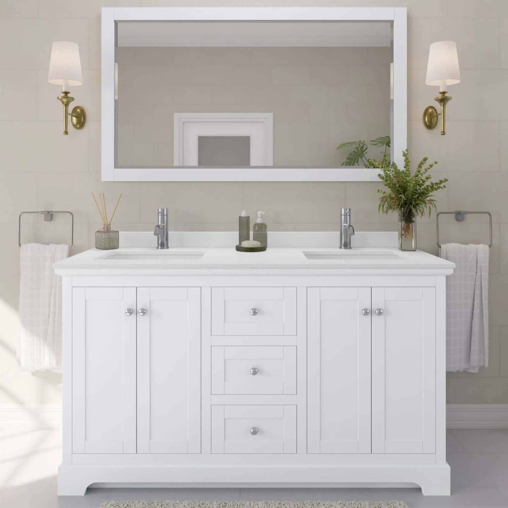 60" Avery Double Bathroom Vanity in White with Polished Chrome Trim & 58" Mirror by Wyndham