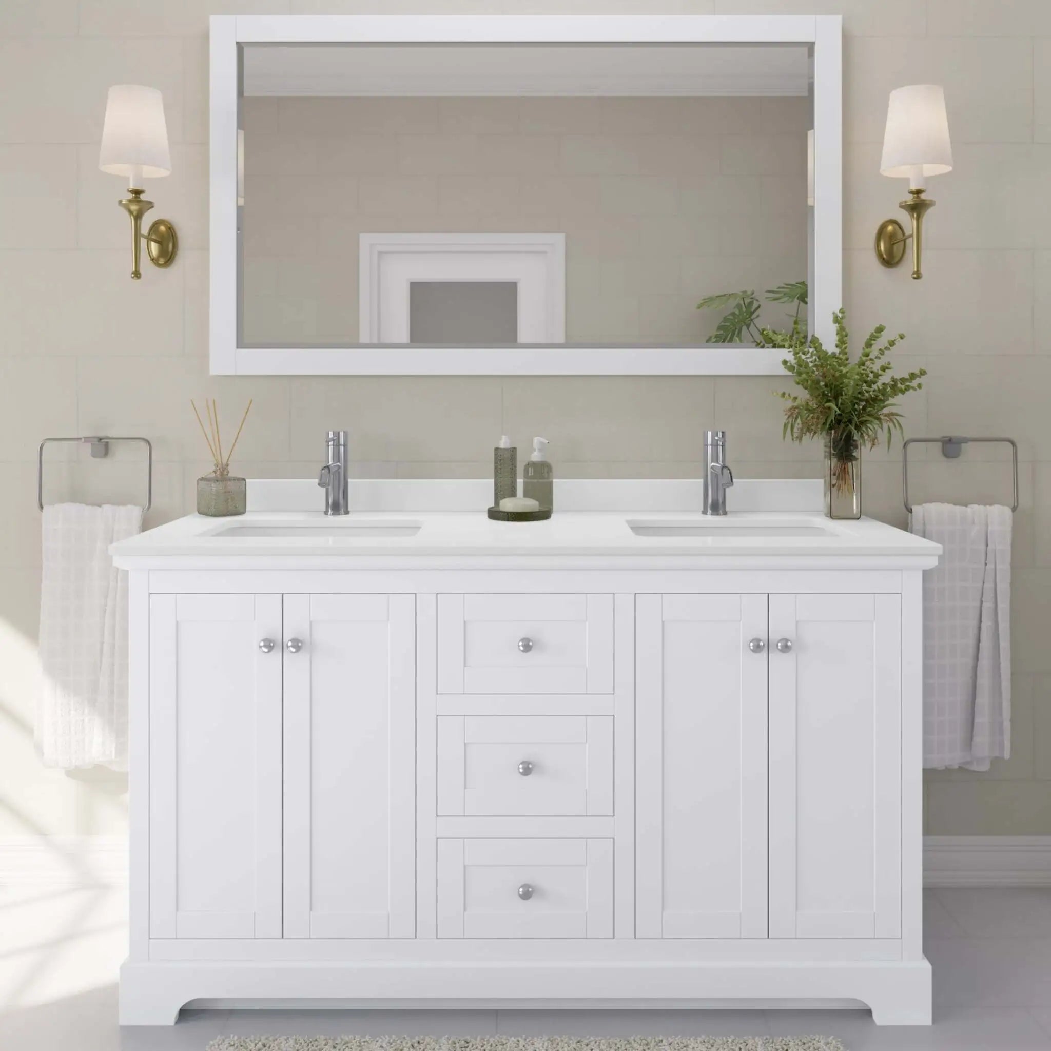 60" Avery Double Bathroom Vanity in White with Polished Chrome Trim & 58" Mirror by Wyndham