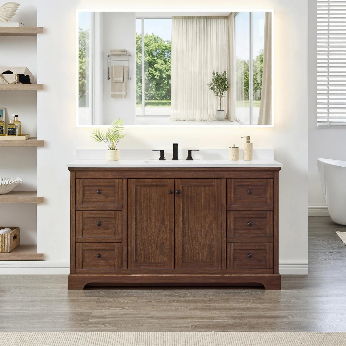 60" Avery Single Bathroom Vanity Dark Walnut Matte Black Trim by wyndham View 34