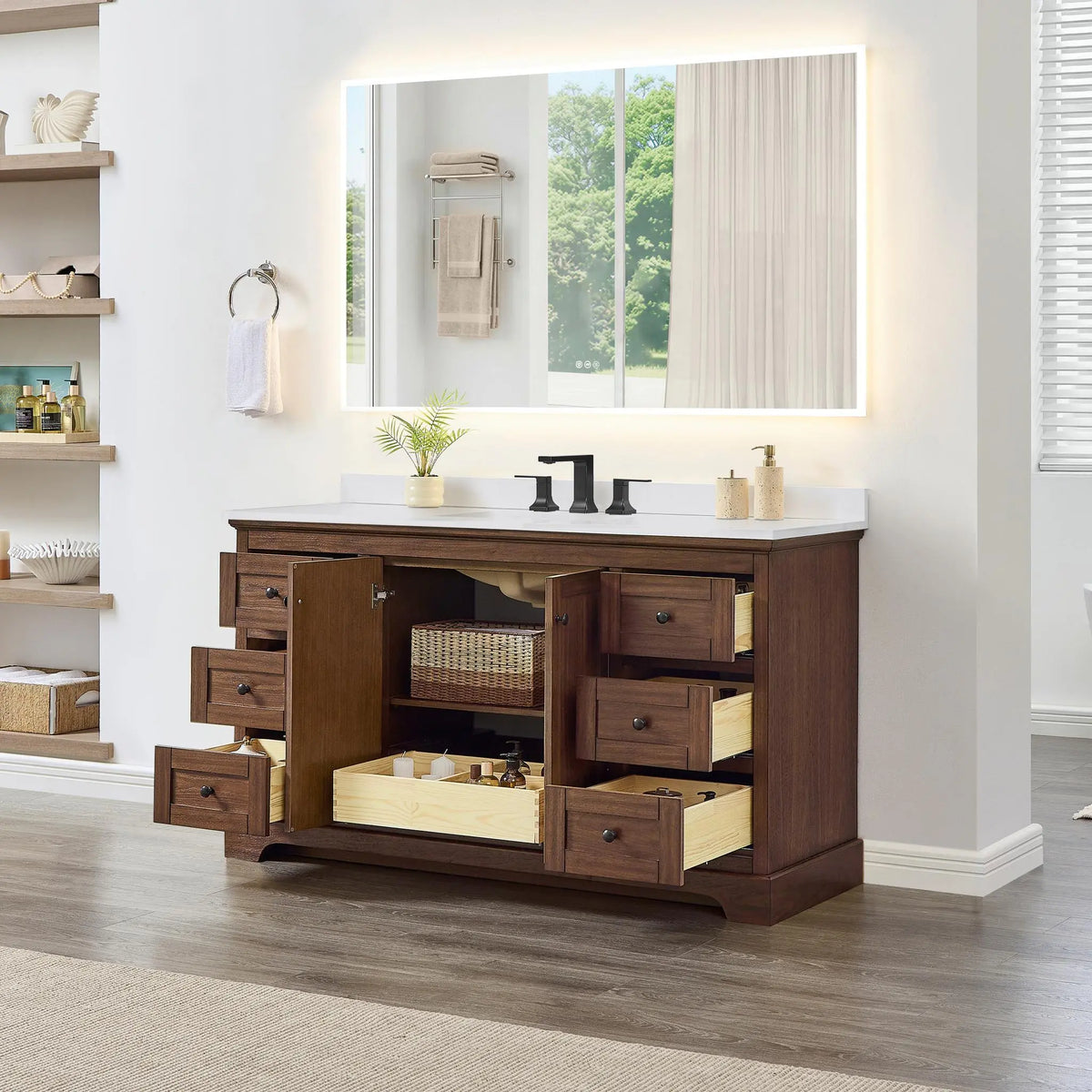 60" Avery Single Bathroom Vanity Dark Walnut Matte Black Trim by wyndham View 32