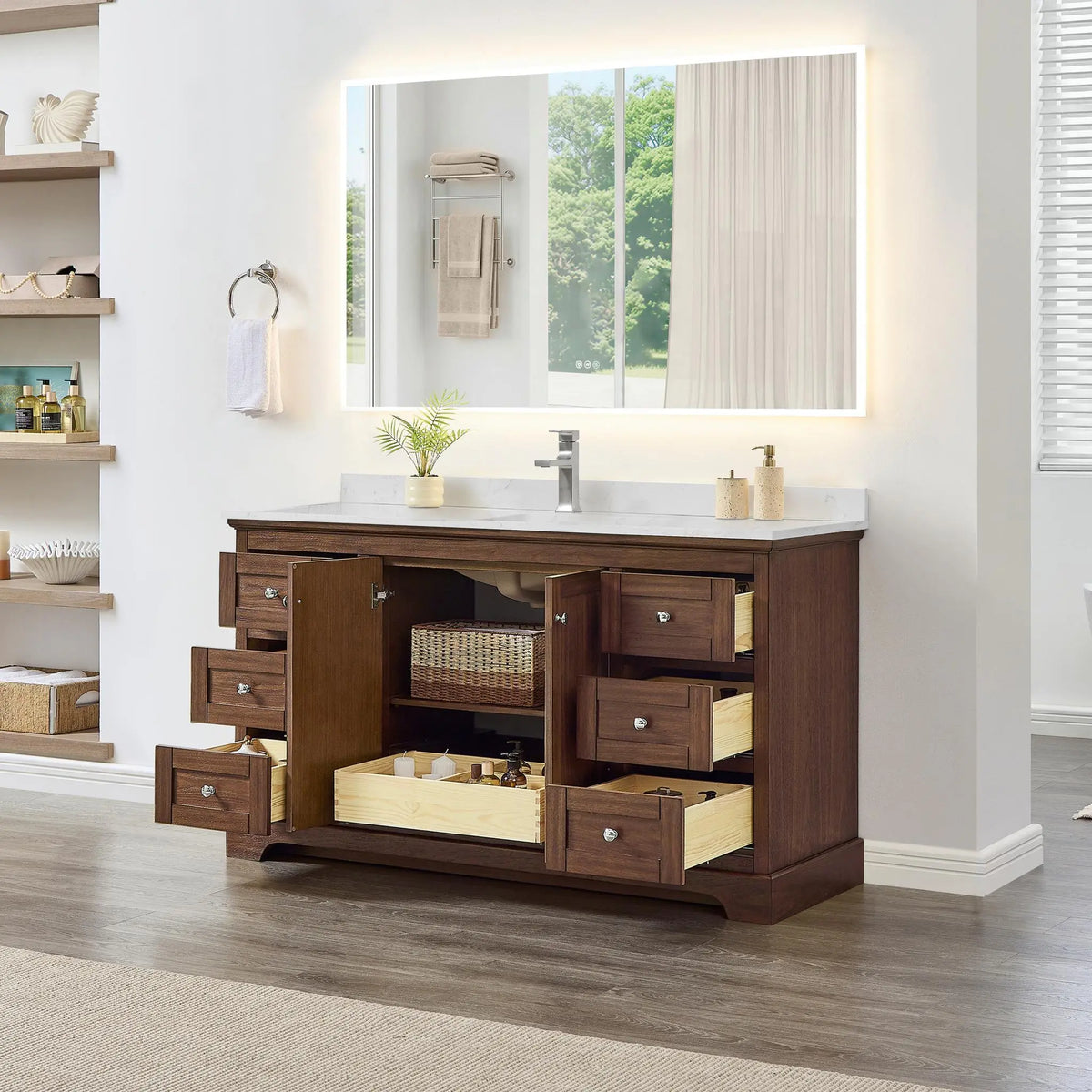 60" Avery Single Bathroom Vanity Dark Walnut Polished Chrome Trim by wyndham View 2