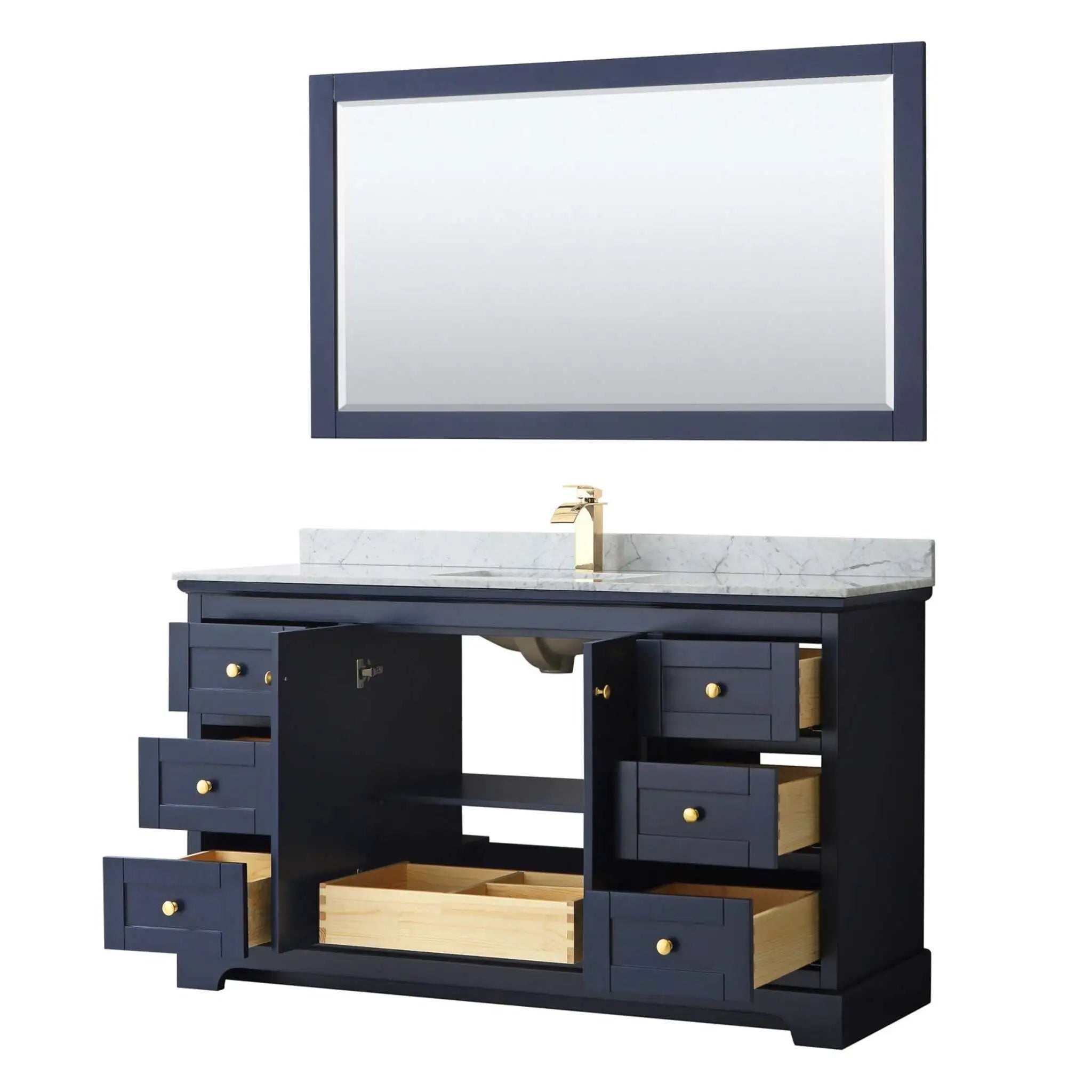 60" Avery Single Bathroom Vanity in Dark Blue with Brushed Gold Trim & 58" Mirror by Wyndham