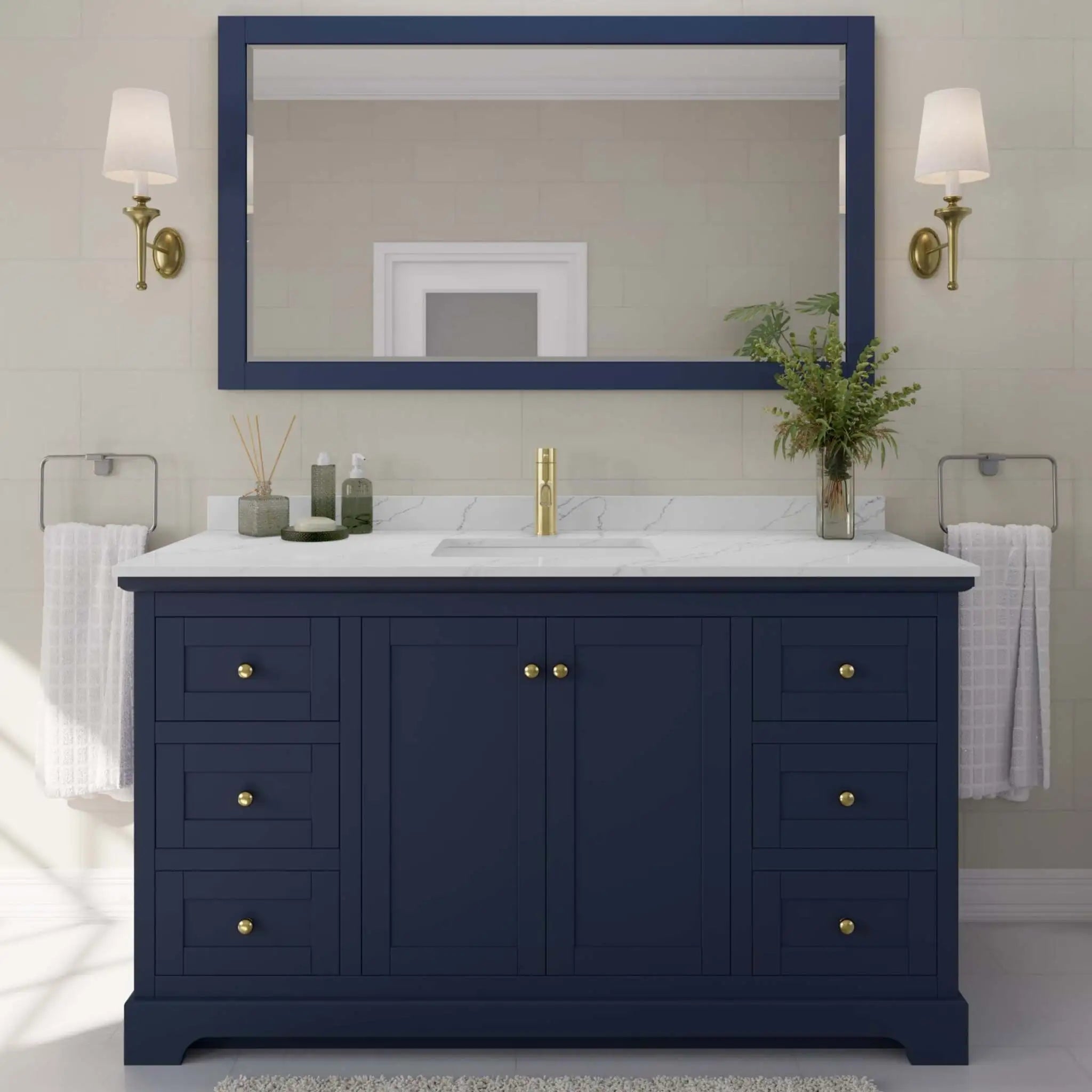 60" Avery Single Bathroom Vanity in Dark Blue with Brushed Gold Trim by Wyndham