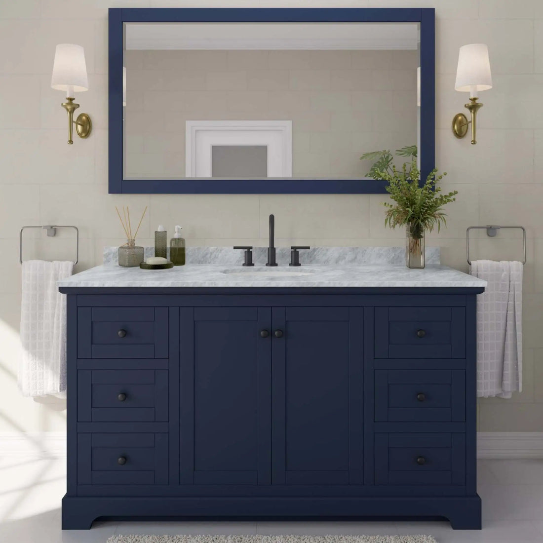 60" Avery Single Bathroom Vanity in Dark Blue with Matte Black Trim & 58" Mirror by Wyndham