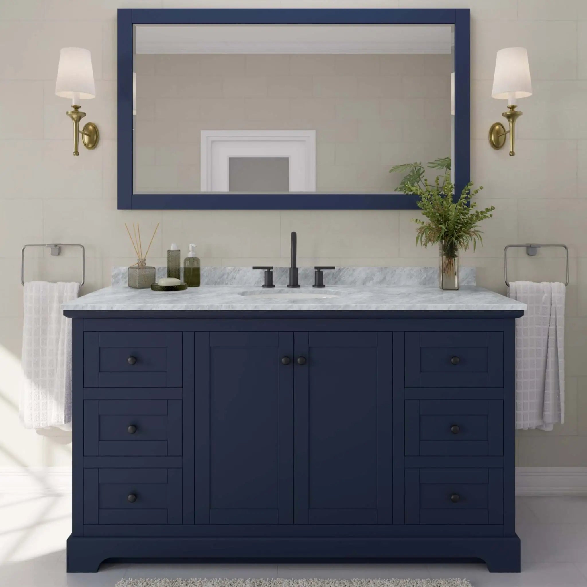 60" Avery Single Bathroom Vanity in Dark Blue with Matte Black Trim & 58" Mirror by Wyndham