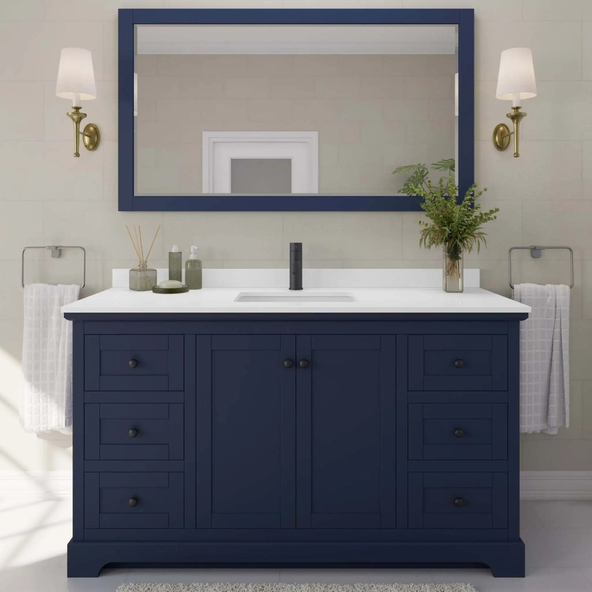 60" Avery Single Bathroom Vanity in Dark Blue with Matte Black Trim & 58" Mirror by Wyndham