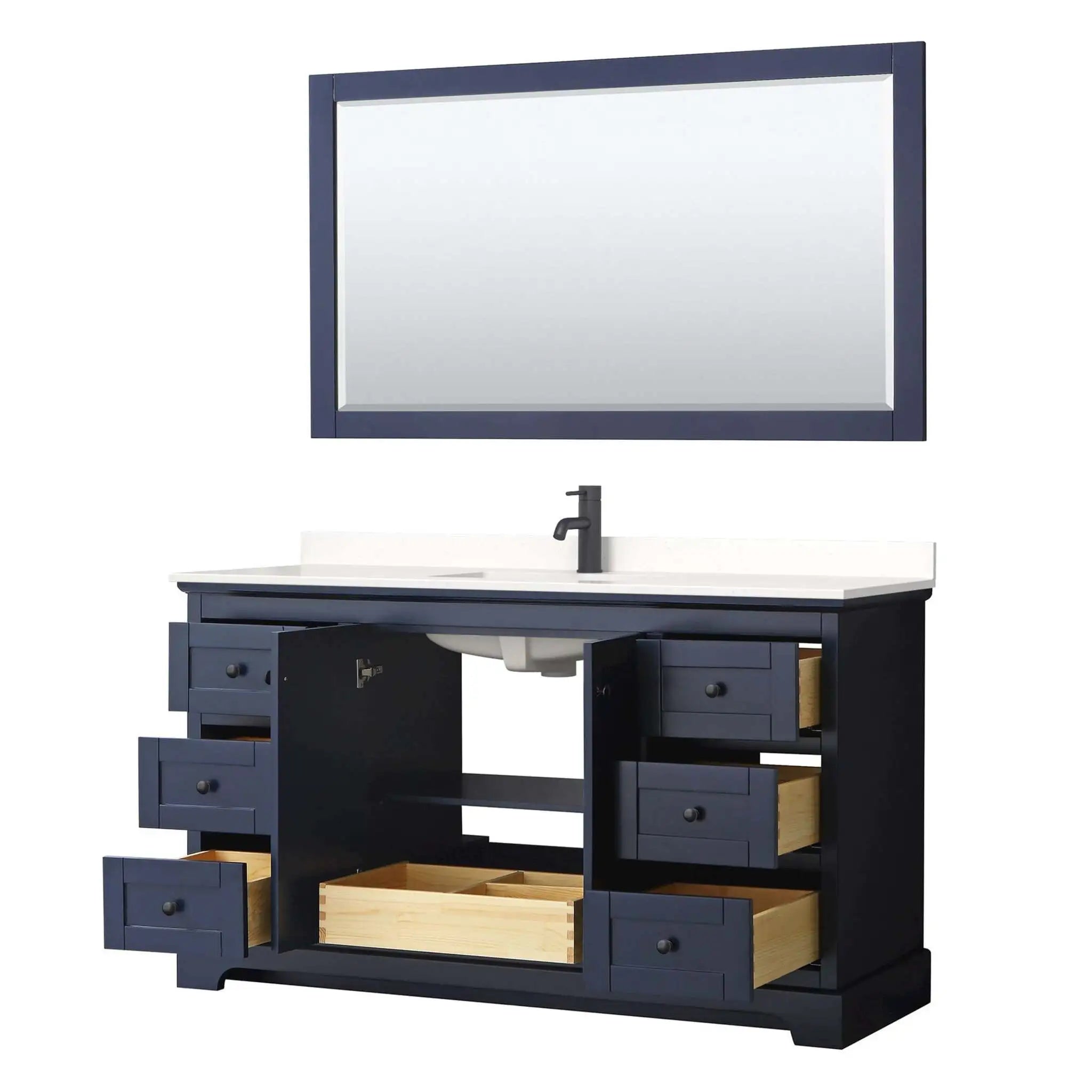 60" Avery Single Bathroom Vanity in Dark Blue with Matte Black Trim & 58" Mirror by Wyndham