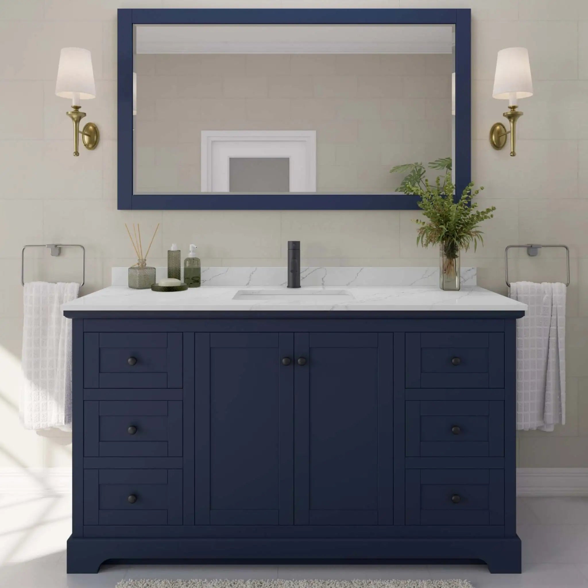 60" Avery Single Bathroom Vanity in Dark Blue with Matte Black Trim by Wyndham