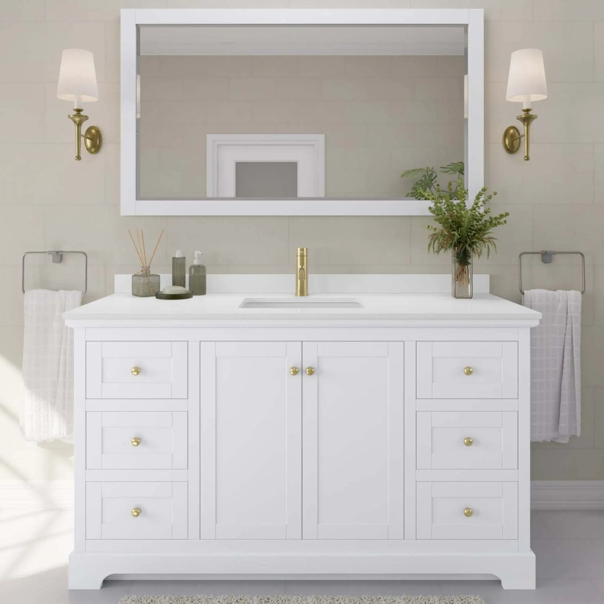 60" Avery Single Bathroom Vanity in White with Brushed Gold Trim & 58" Mirror by Wyndham