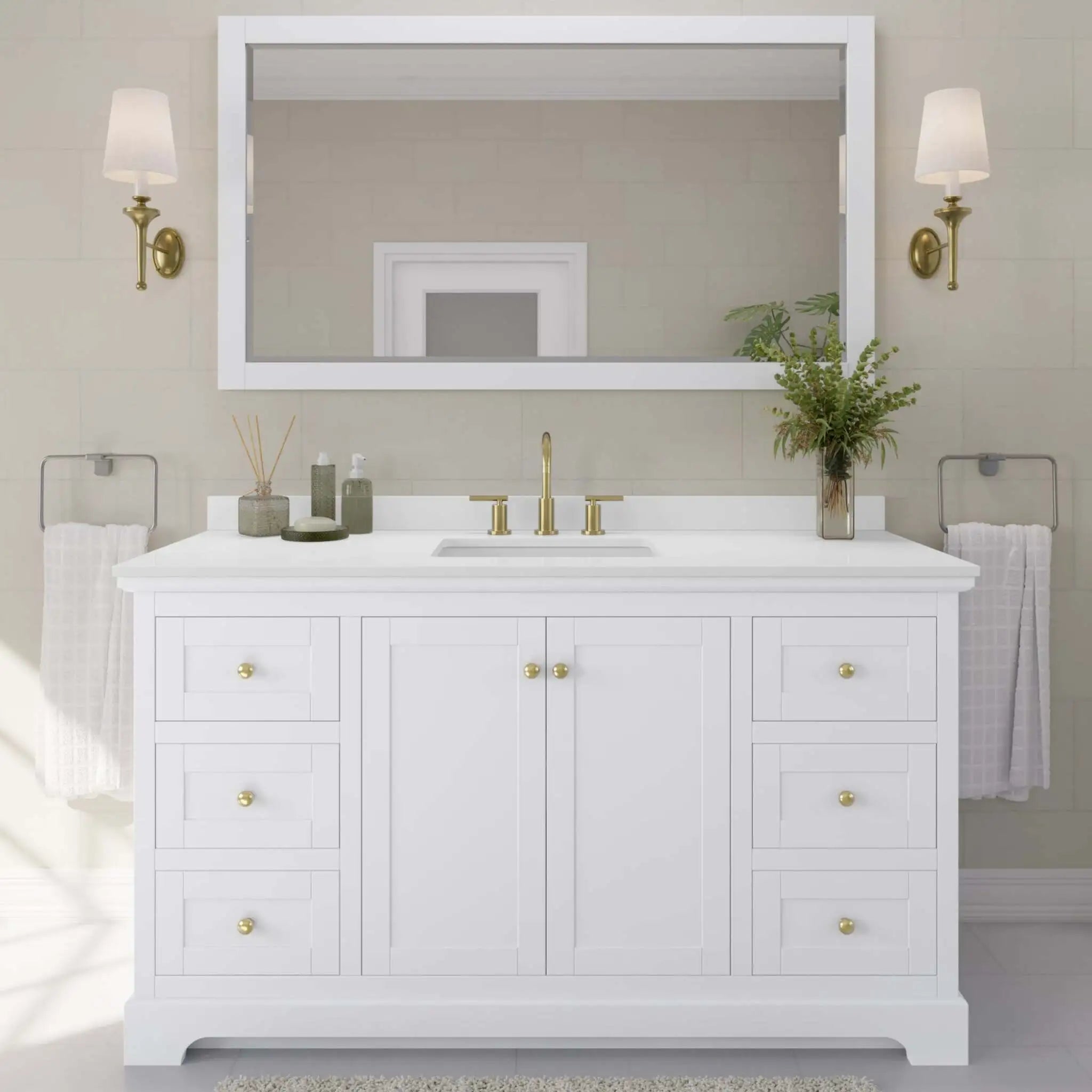 60" Avery Single Bathroom Vanity in White with Brushed Gold Trim & 58" Mirror by Wyndham