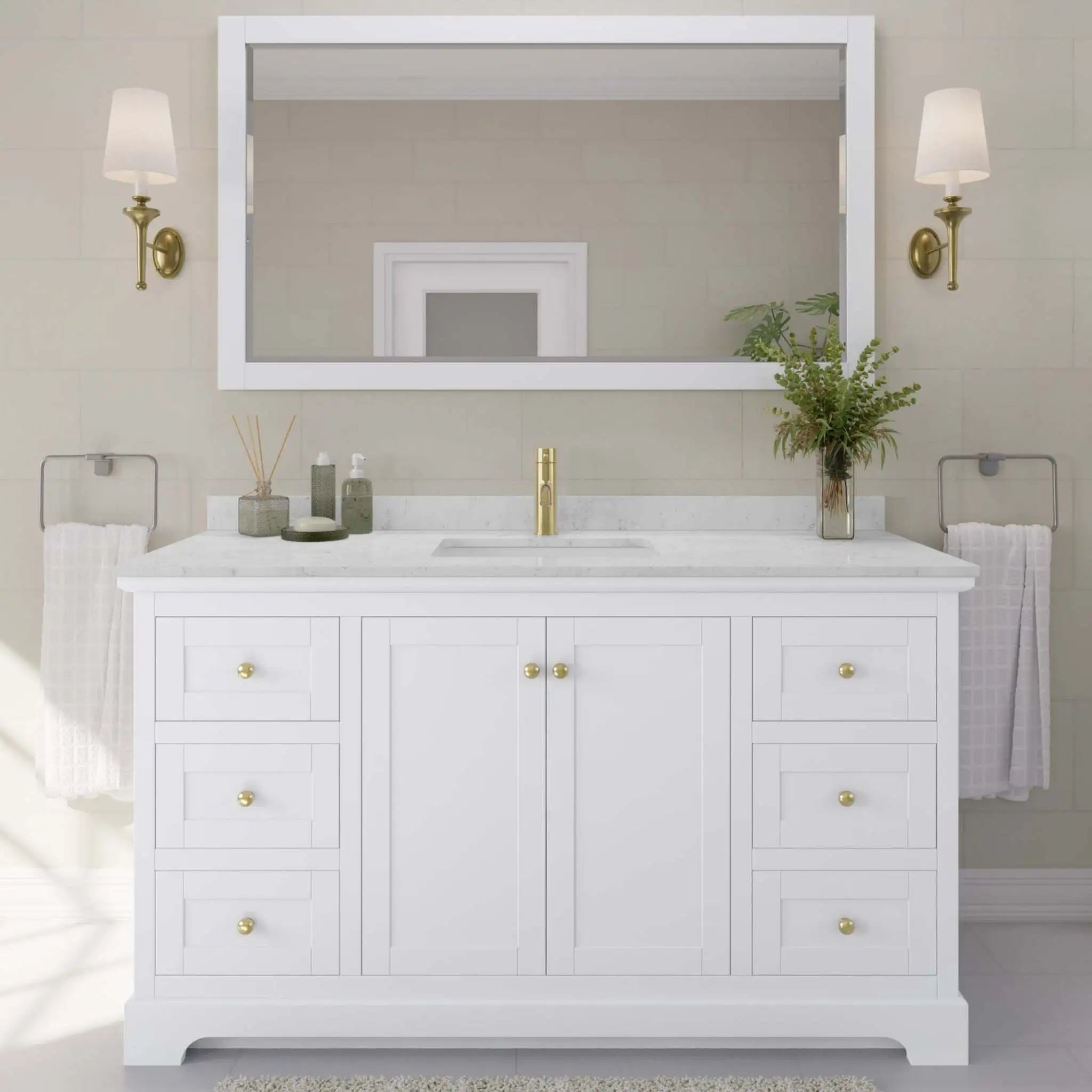 60" Avery Single Bathroom Vanity in White with Brushed Gold Trim by Wyndham