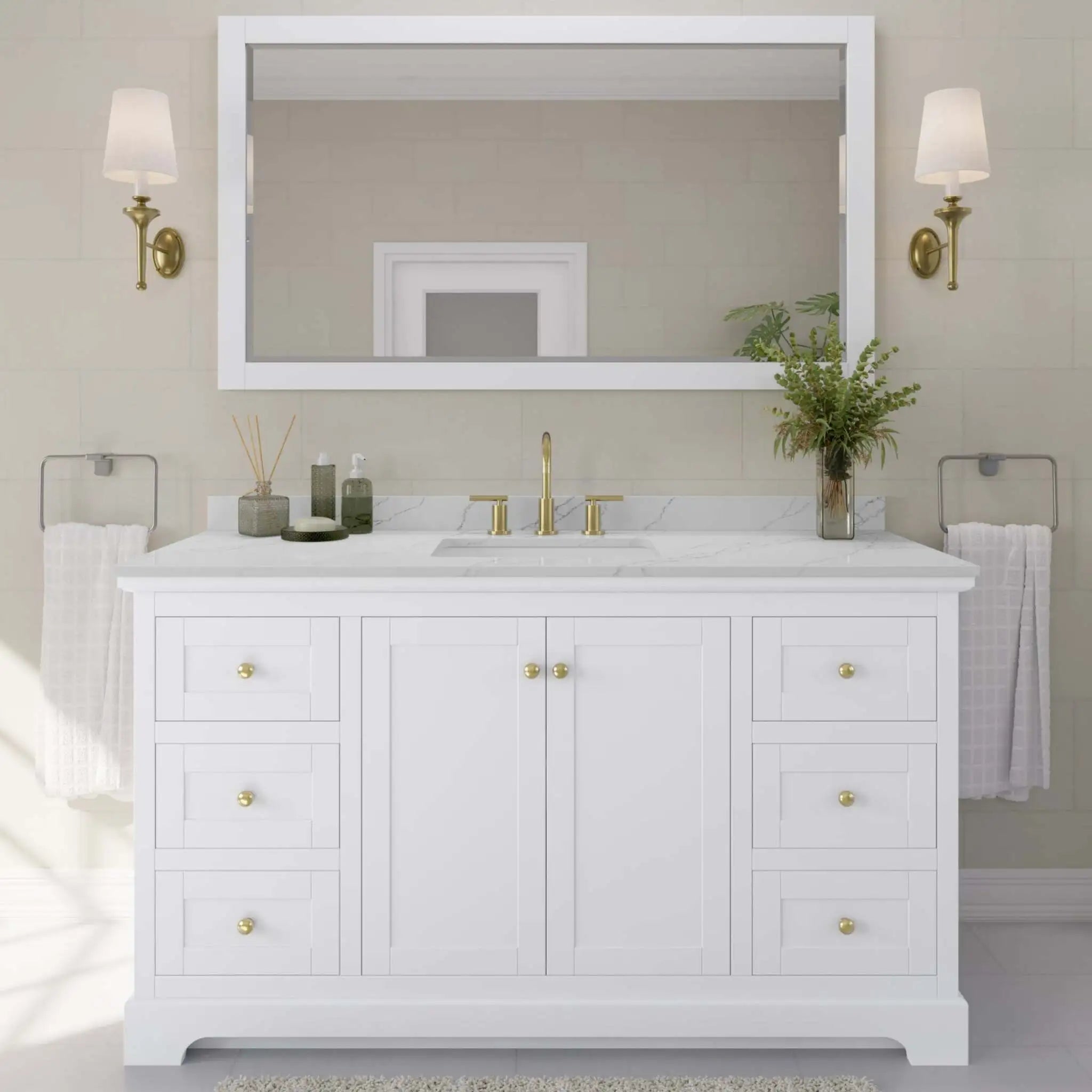 60" Avery Single Bathroom Vanity in White with Brushed Gold Trim by Wyndham