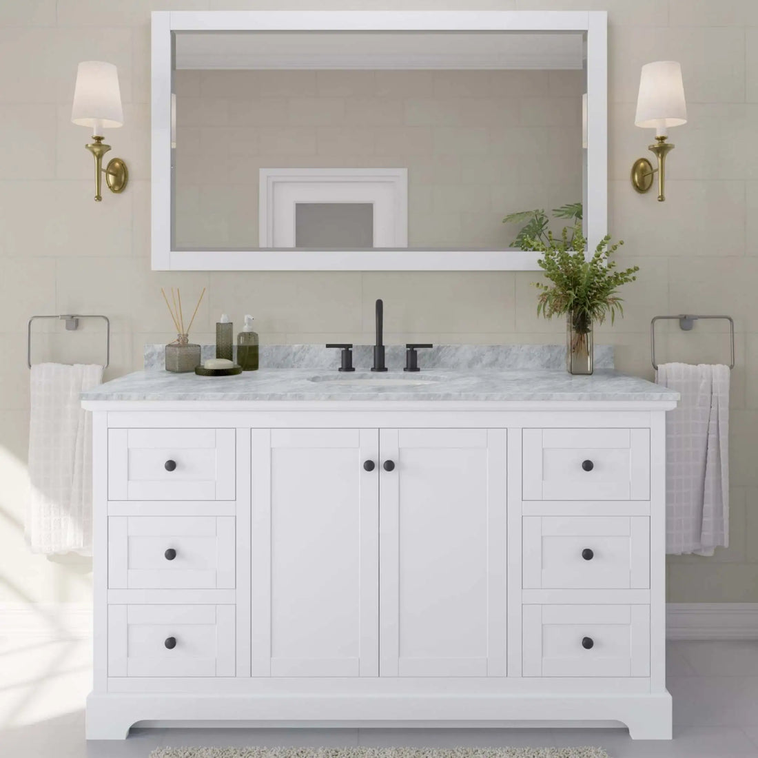 60" Avery Single Bathroom Vanity in White with Matte Black Trim & 58" Mirror by Wyndham