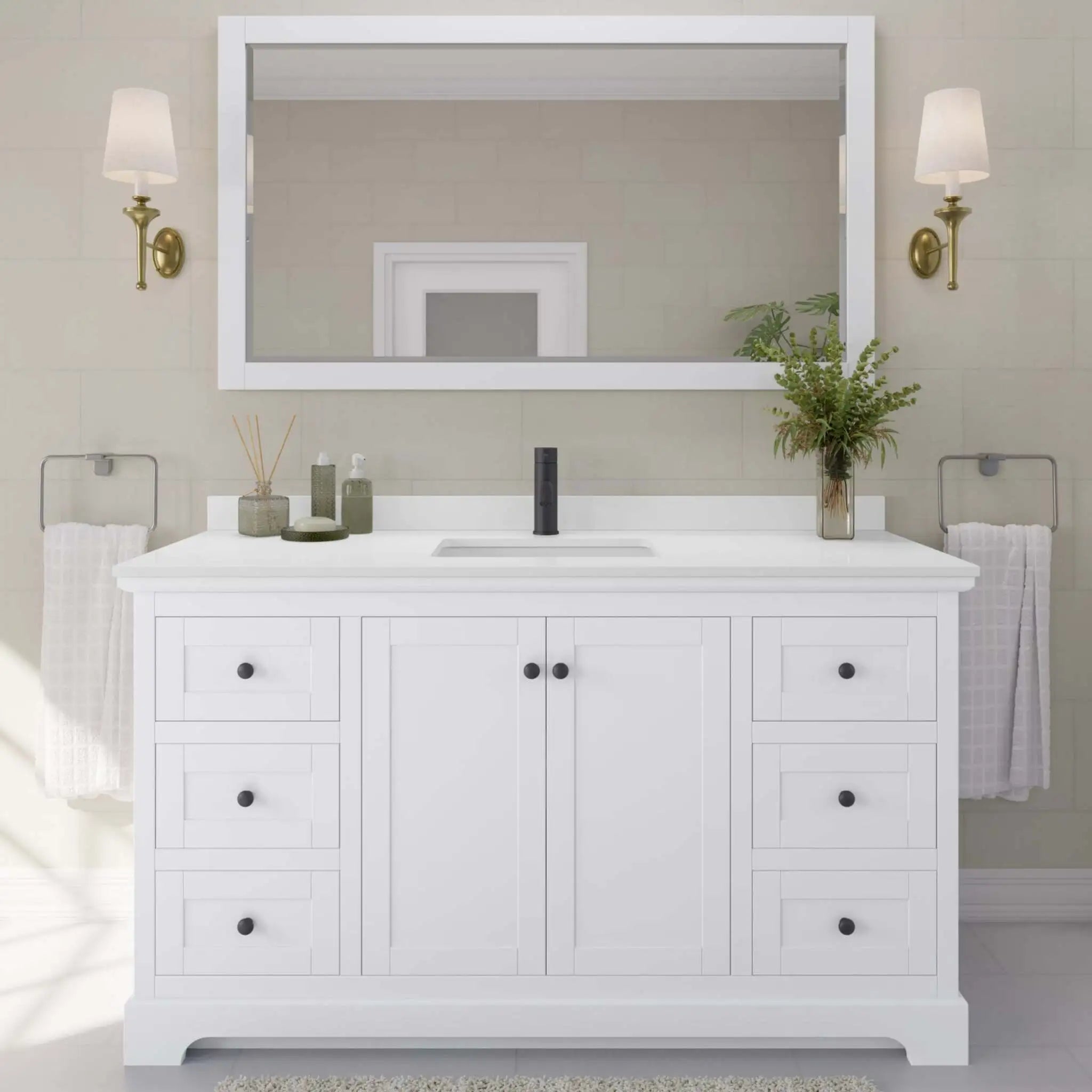 60" Avery Single Bathroom Vanity in White with Matte Black Trim & 58" Mirror by Wyndham