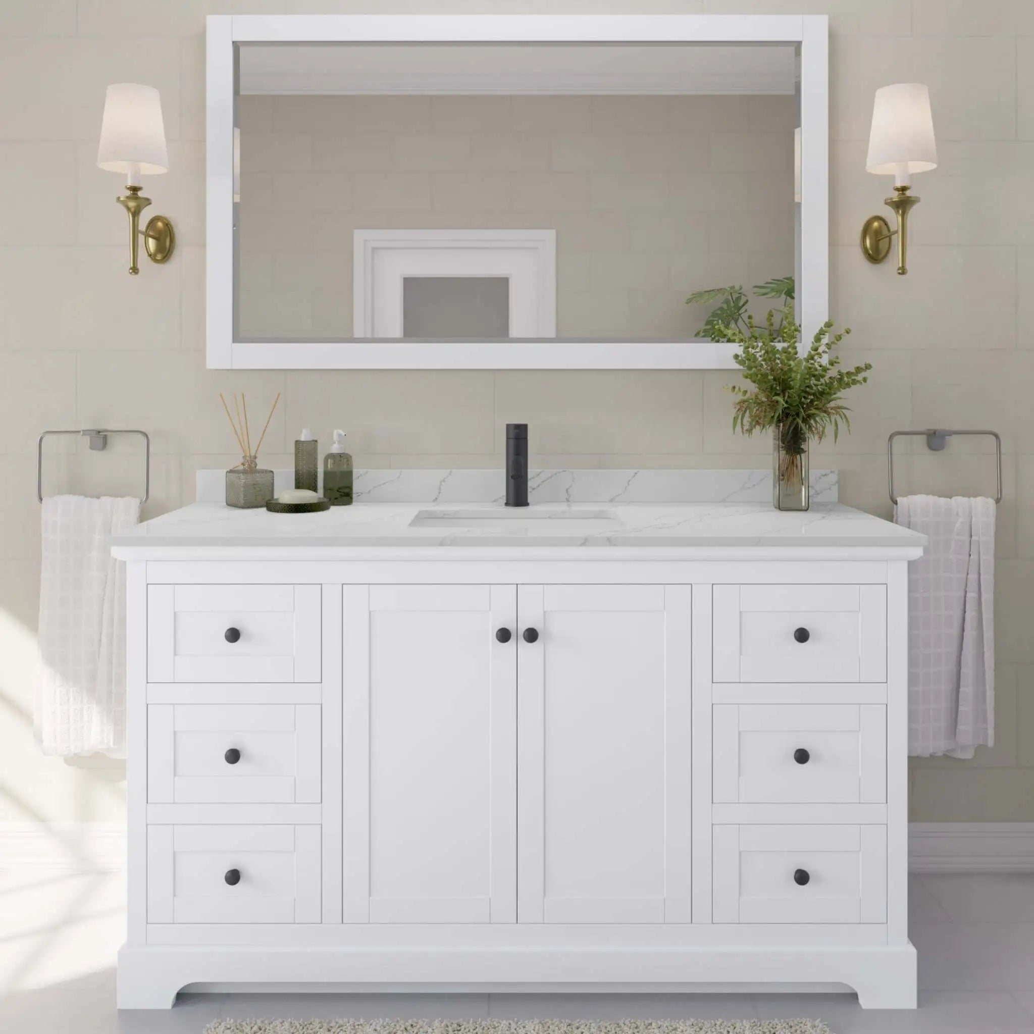 60" Avery Single Bathroom Vanity in White with Matte Black Trim by Wyndham