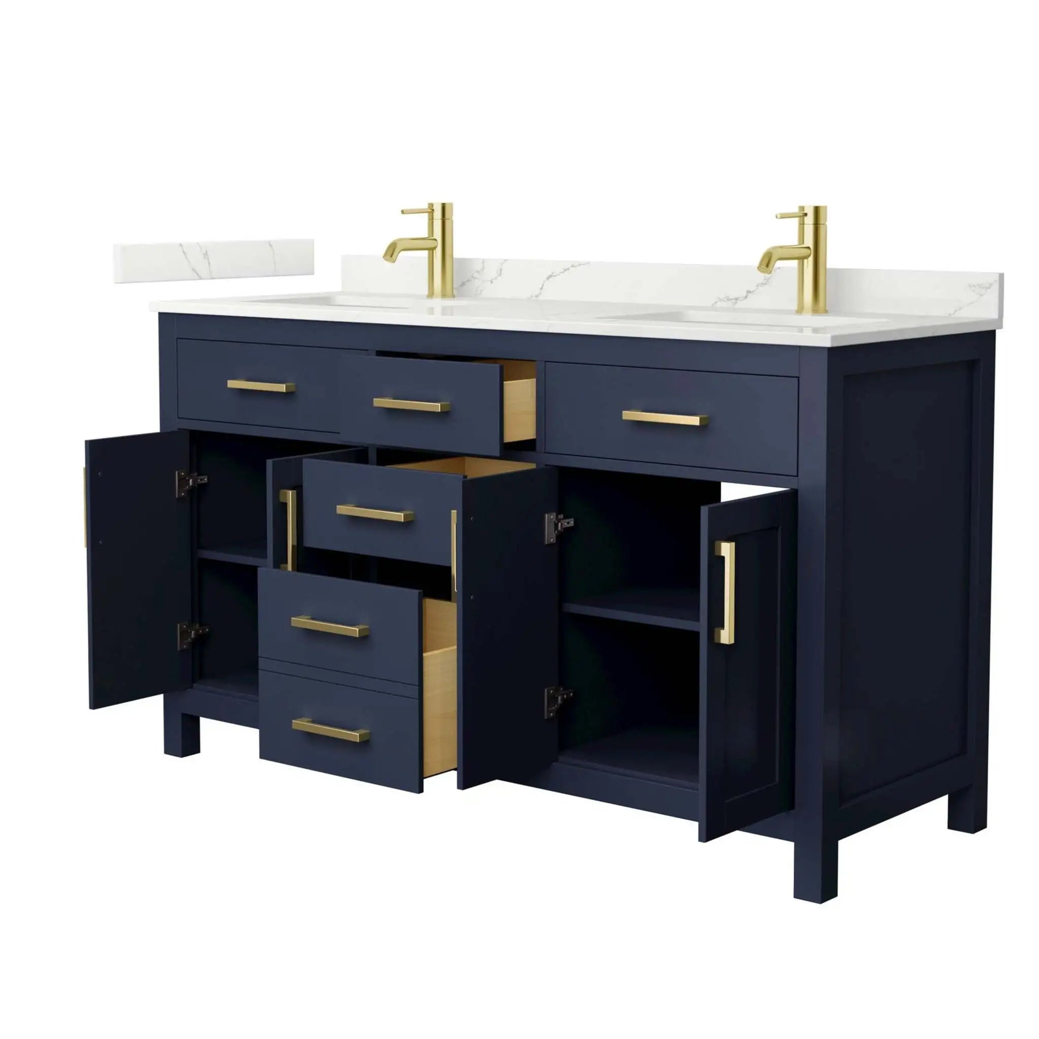 60" Beckett Double Bathroom Vanity in Dark Blue with Brushed Gold Trim by Wyndham
