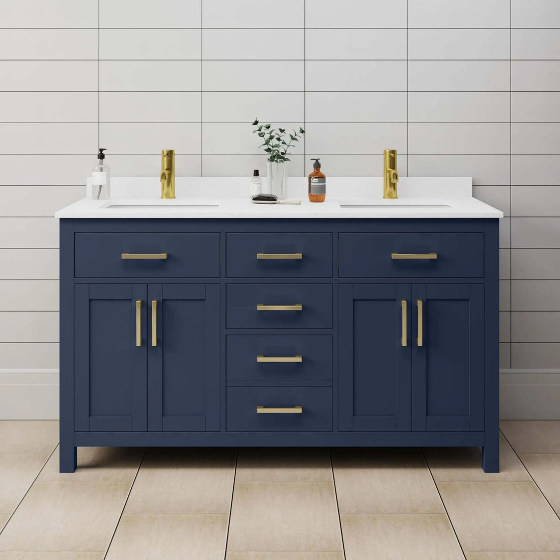 60" Beckett Double Bathroom Vanity in Dark Blue with Brushed Gold Trim by Wyndham