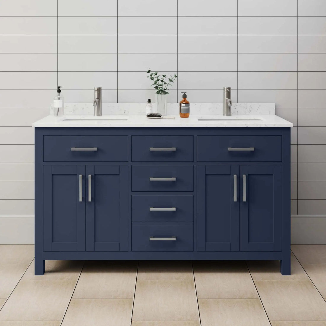 60" Beckett Double Bathroom Vanity in Dark Blue with Brushed Nickel Trim by Wyndham