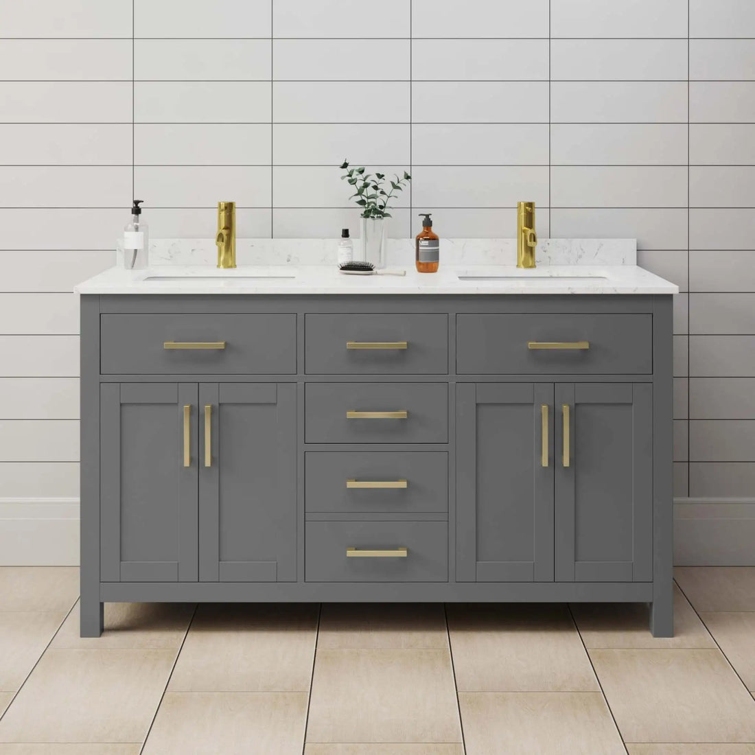 60" Beckett Double Bathroom Vanity in Dark Gray with Brushed Gold Trim by Wyndham