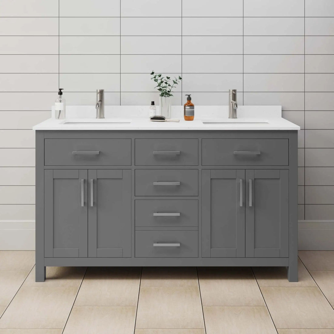60" Beckett Double Bathroom Vanity in Dark Gray with Brushed Nickel Trim by Wyndham
