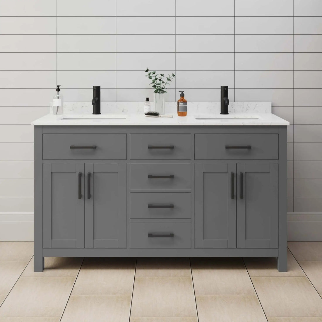 60" Beckett Double Bathroom Vanity in Dark Gray with Matte Black Trim by Wyndham