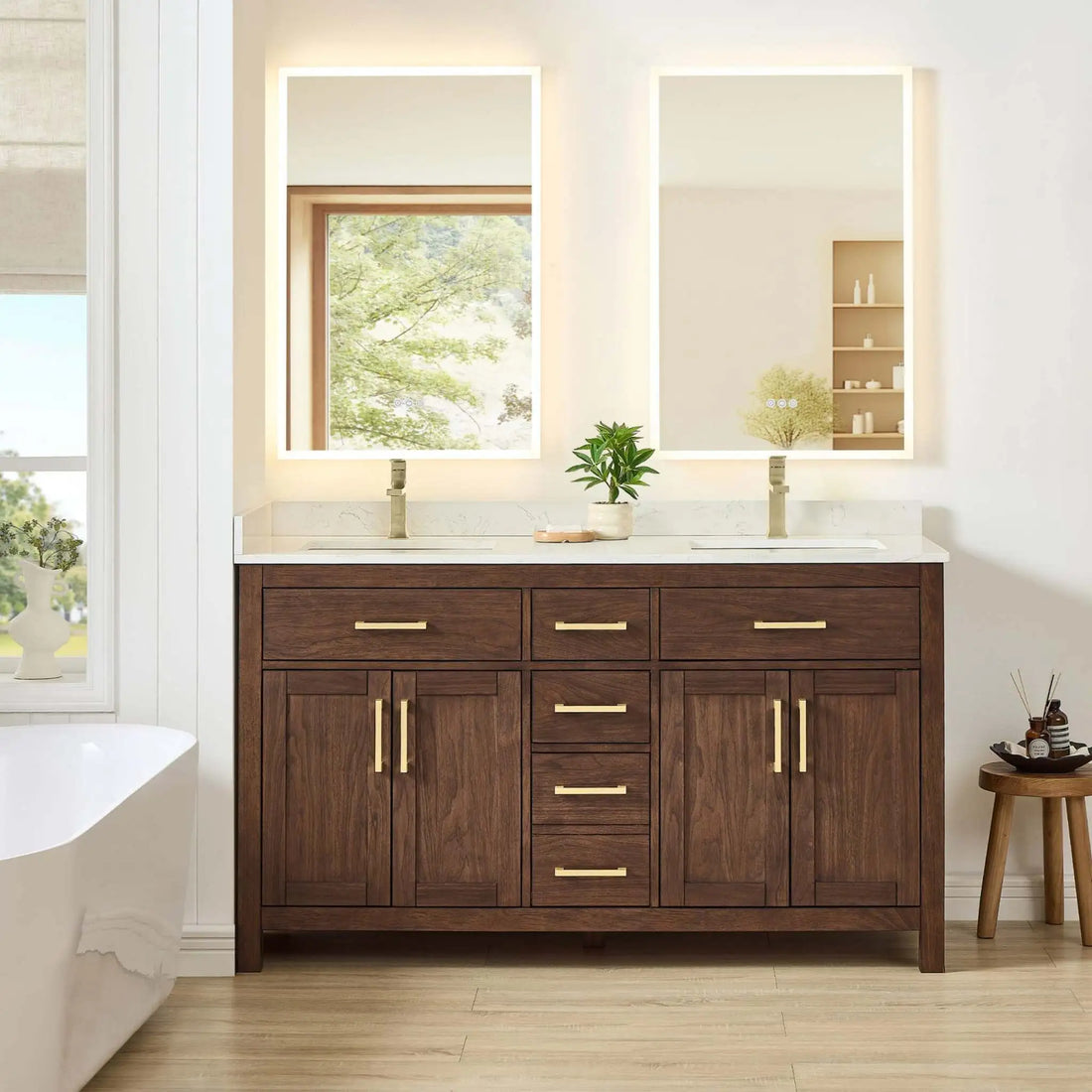 60" Beckett Double Bathroom Vanity in Dark Walnut with Brushed Gold Trim by Wyndham
