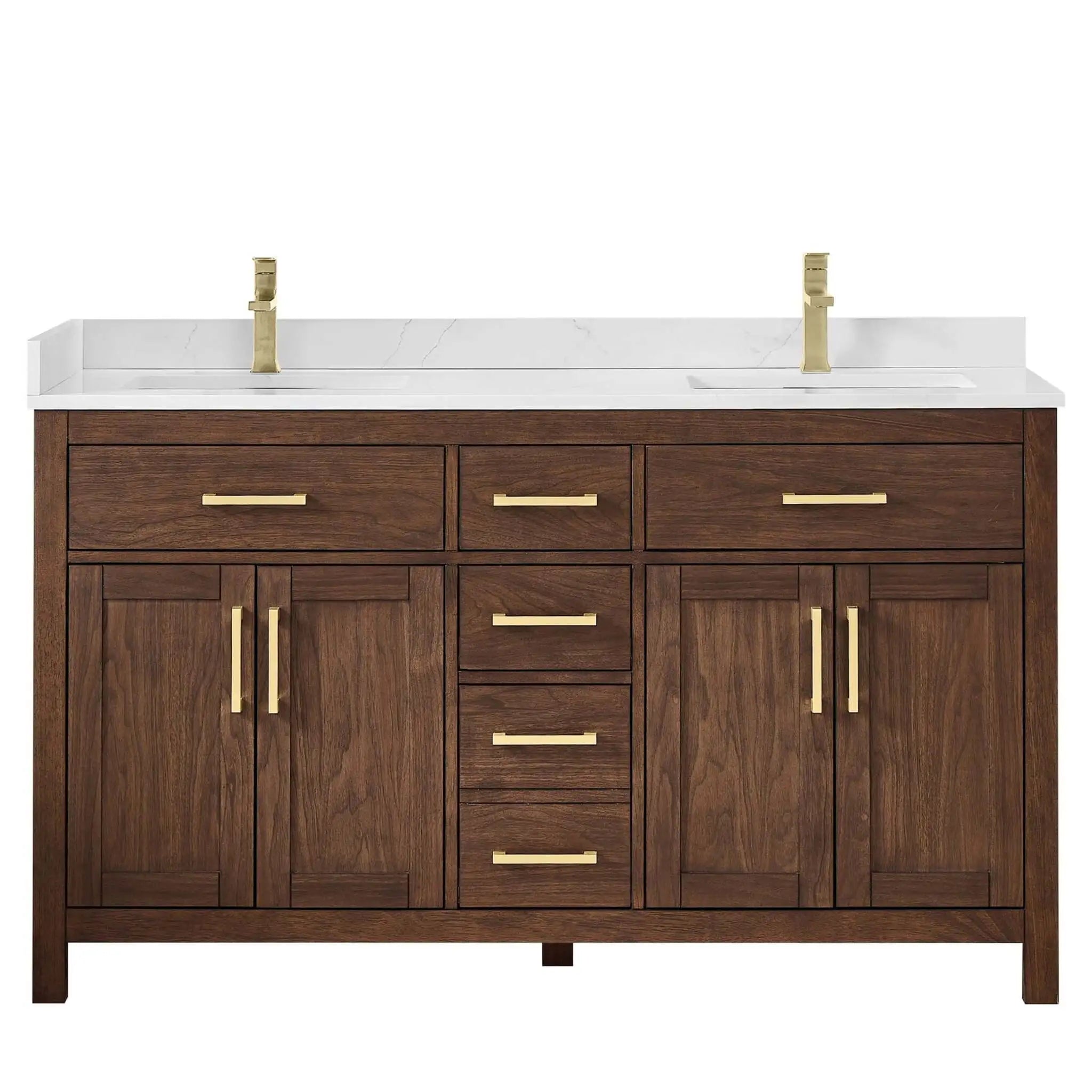 60" Beckett Double Bathroom Vanity in Dark Walnut with Brushed Gold Trim by Wyndham