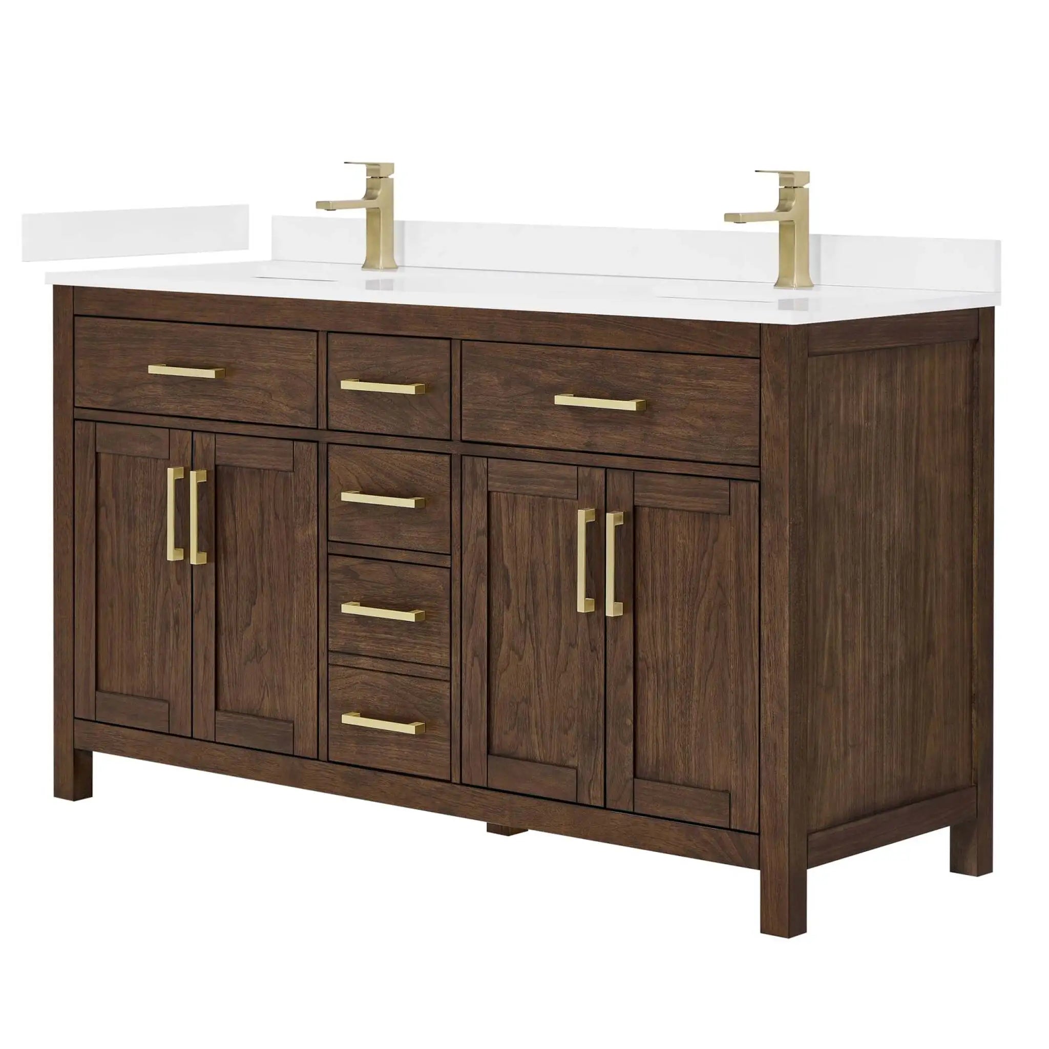 60" Beckett Double Bathroom Vanity in Dark Walnut with Brushed Gold Trim by Wyndham